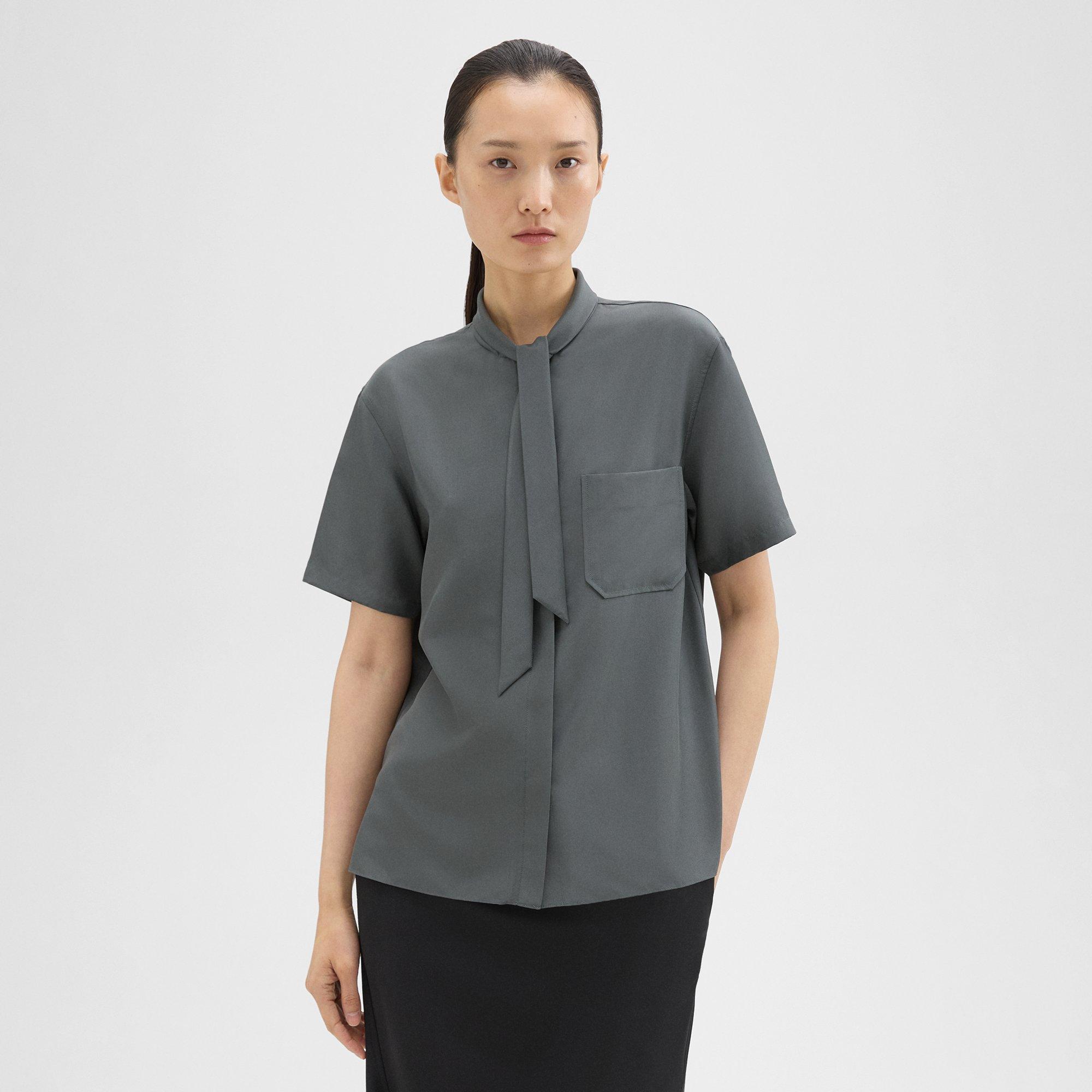 띠어리 Theory Tie Neck Silk Shirt,SPRUCE