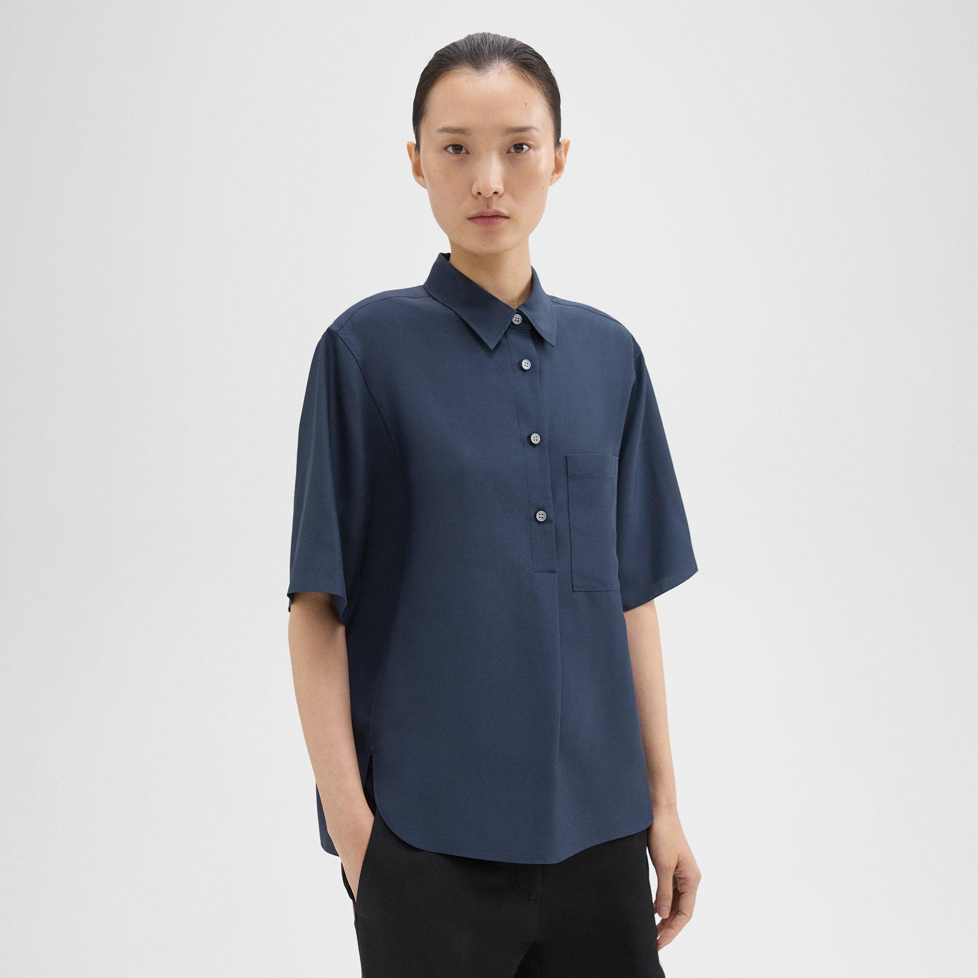 Short-Sleeve Silk Popover Shirt