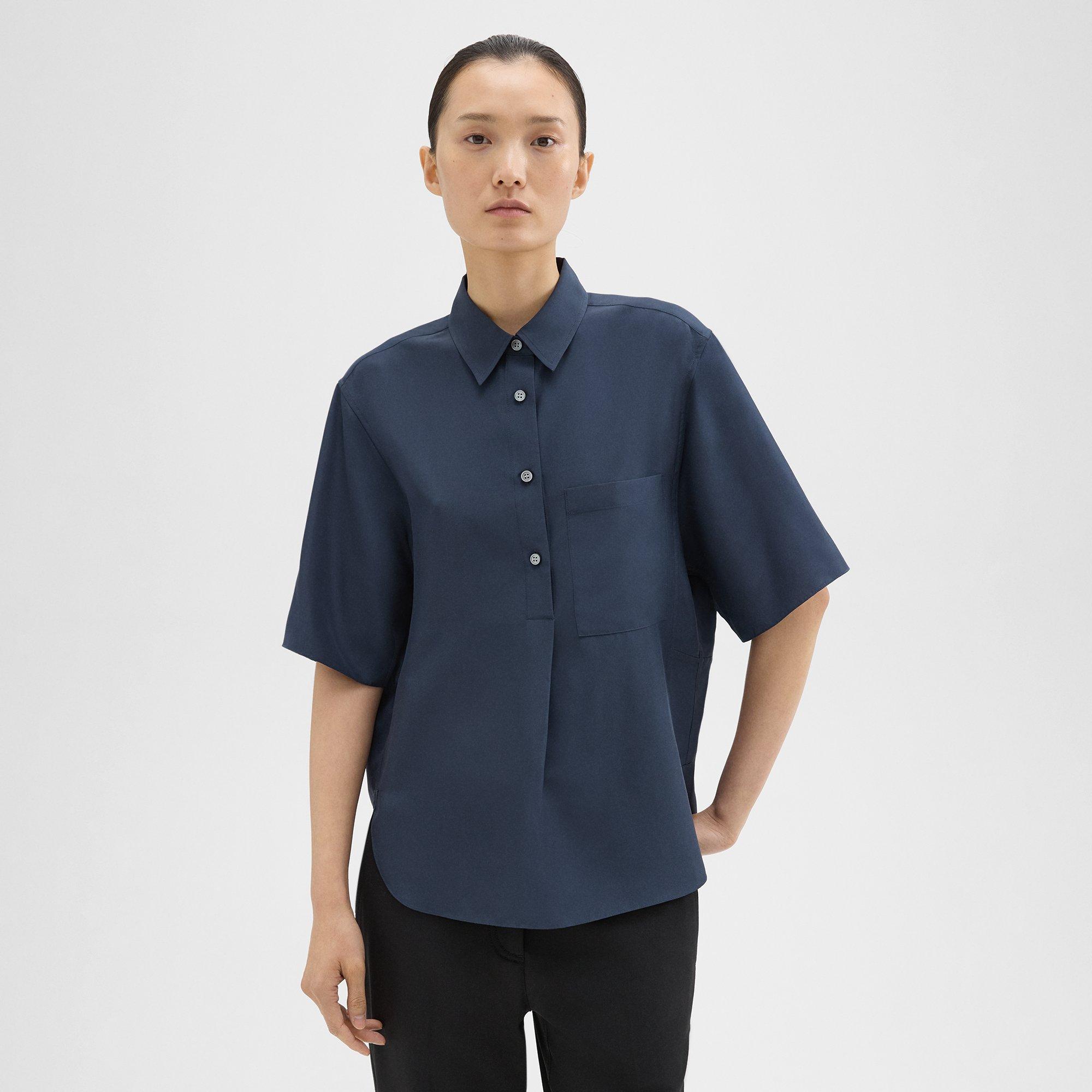 띠어리 Theory Short-Sleeve Silk Popover Shirt,ECLIPSE