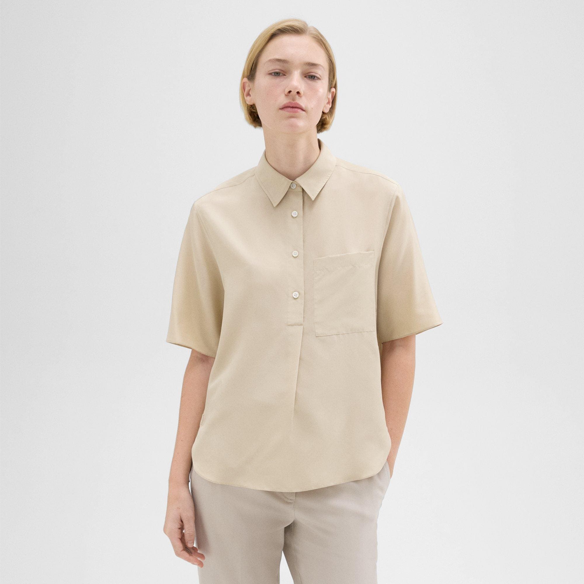 띠어리 Theory Short-Sleeve Silk Popover Shirt,CHAMPAGNE