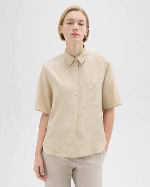 띠어리 Theory Short-Sleeve Silk Popover Shirt,CHAMPAGNE