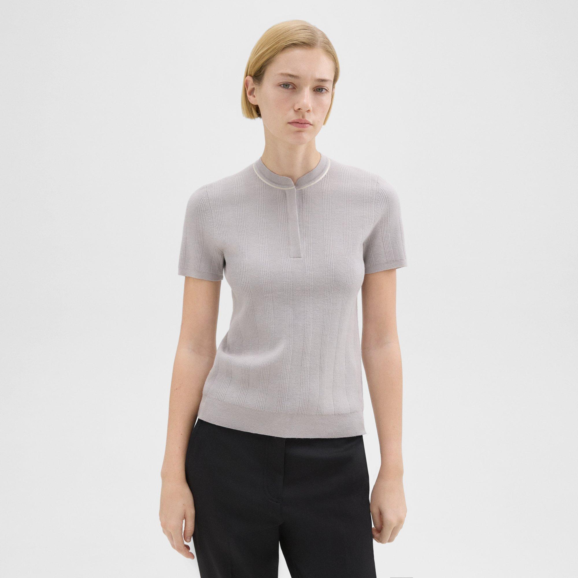 띠어리 Theory Rib Knit Short-Sleeve Henley,WARM SILVER