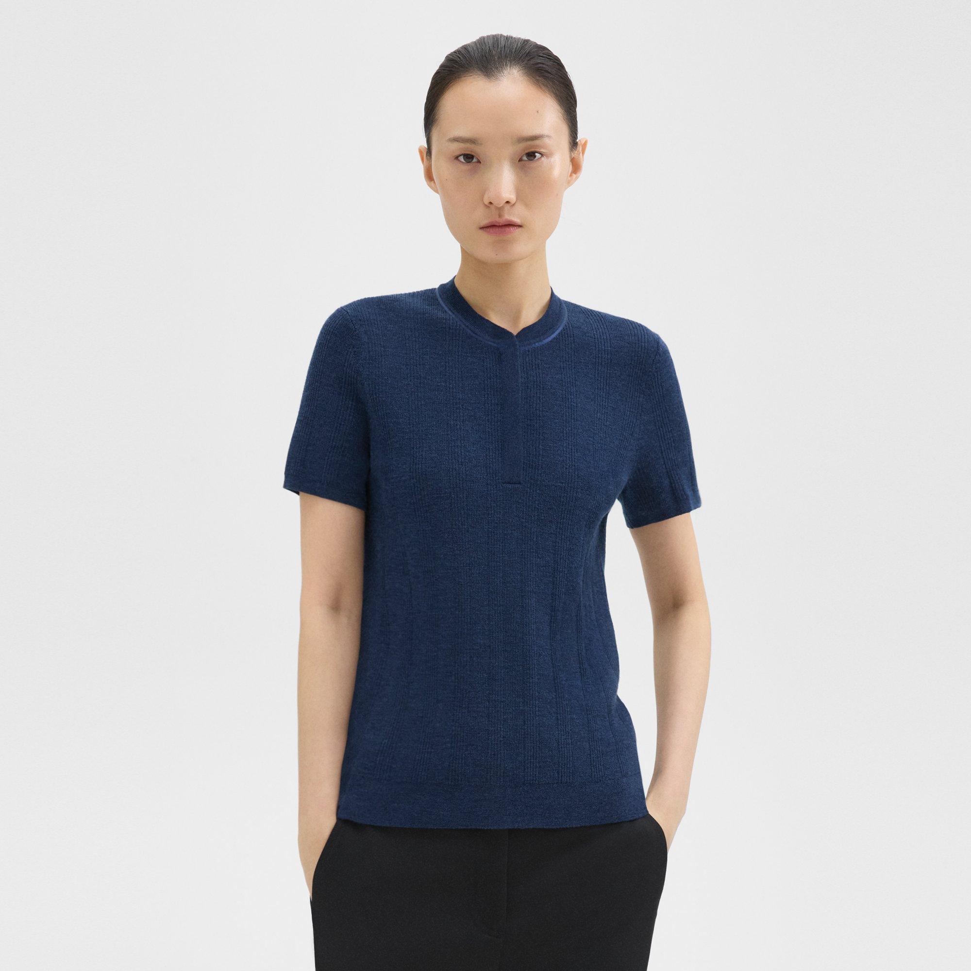 띠어리 Theory Rib Knit Short-Sleeve Henley,WAVE