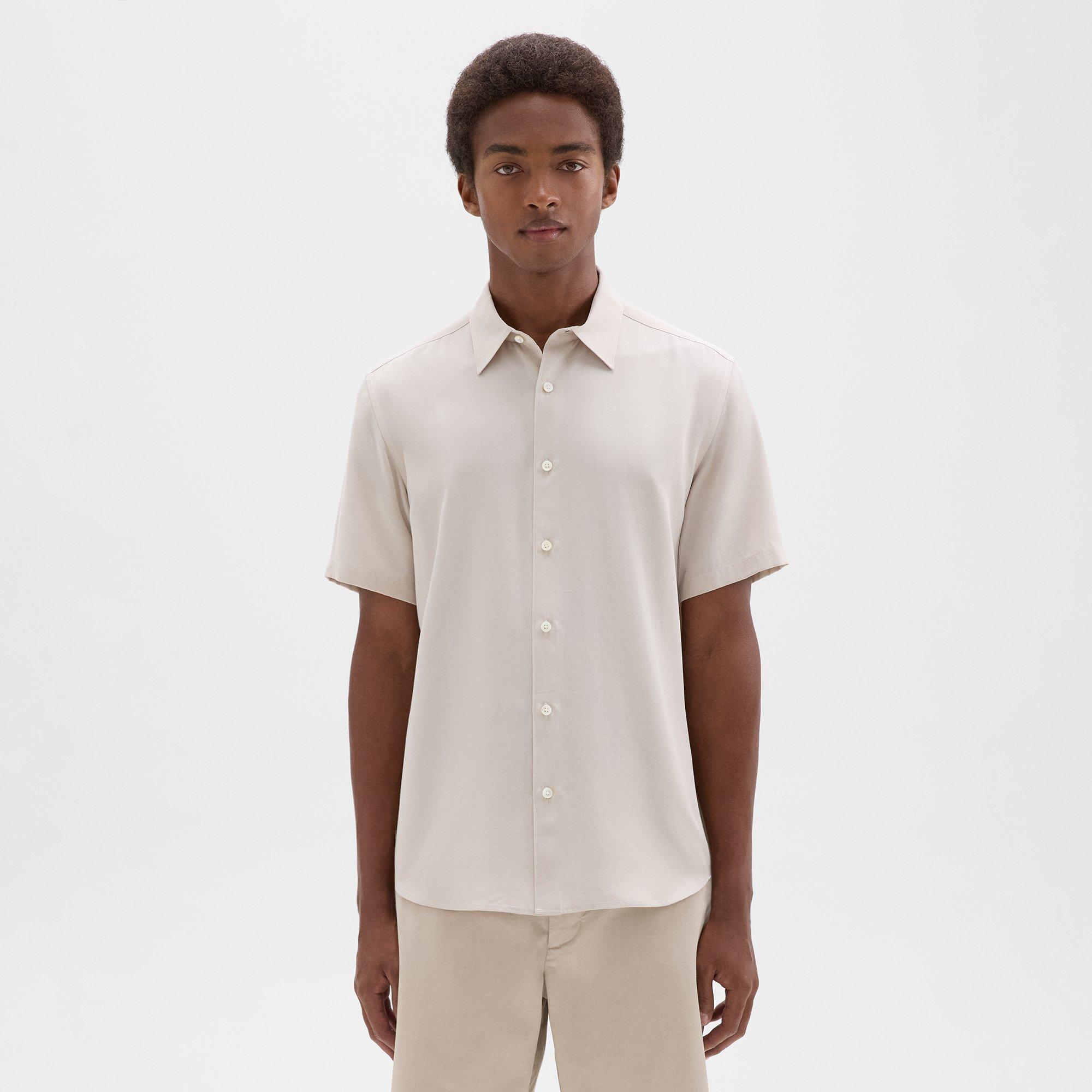 띠어리 Theory Irving Short-Sleeve Shirt in Fluid Twill,NEW SAND