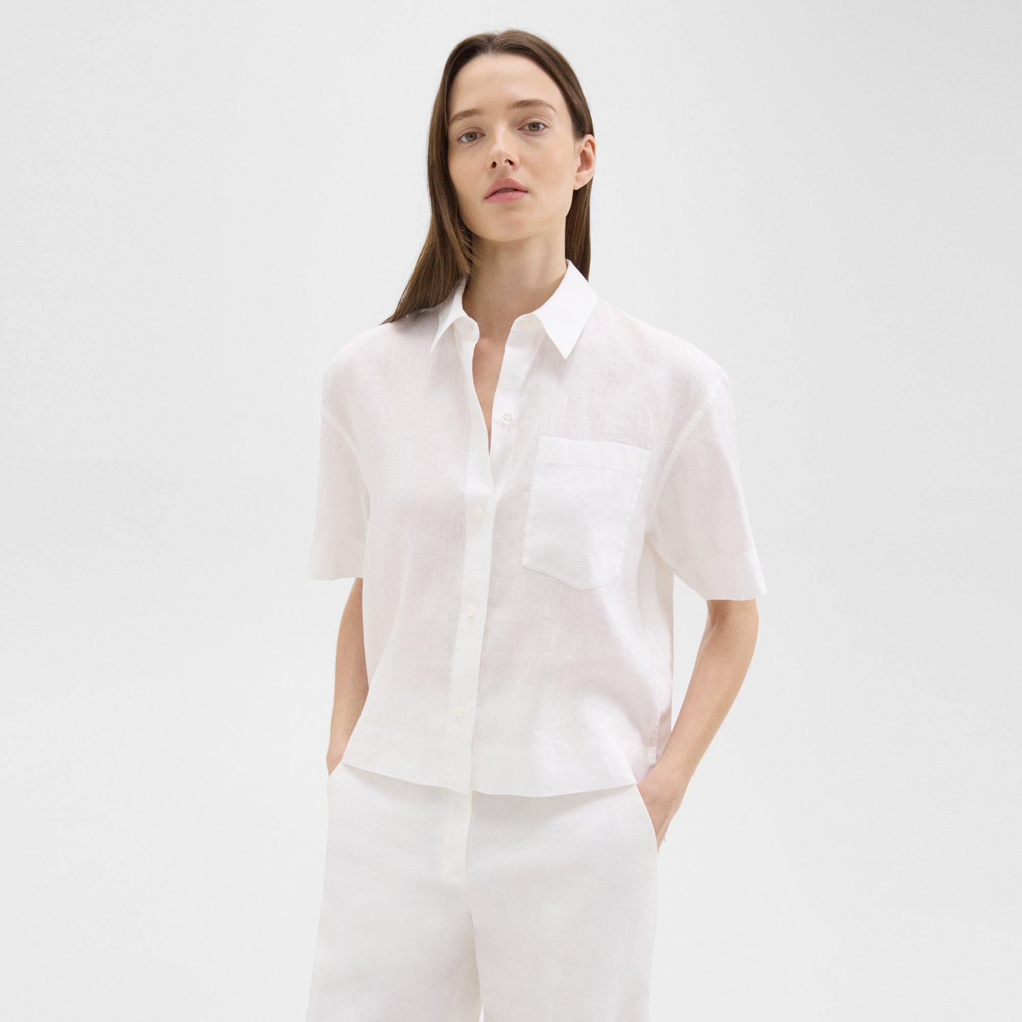 띠어리 Theory Short-Sleeve Shirt in Relaxed Linen,WHITE