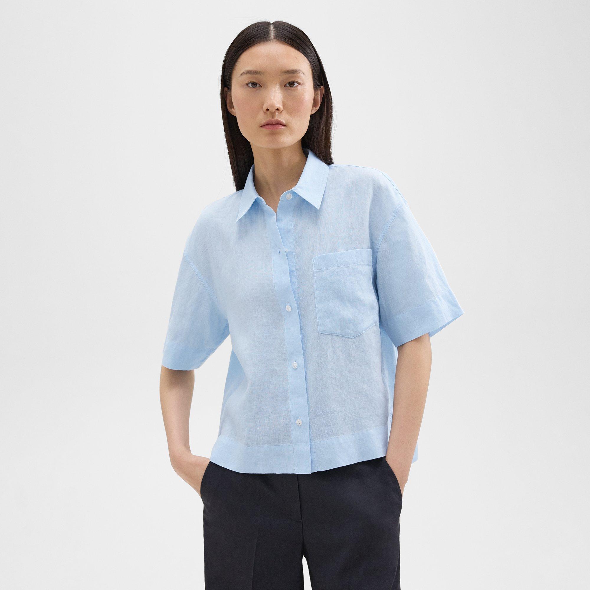 띠어리 Theory Short-Sleeve Shirt in Relaxed Linen,SKYLIGHT