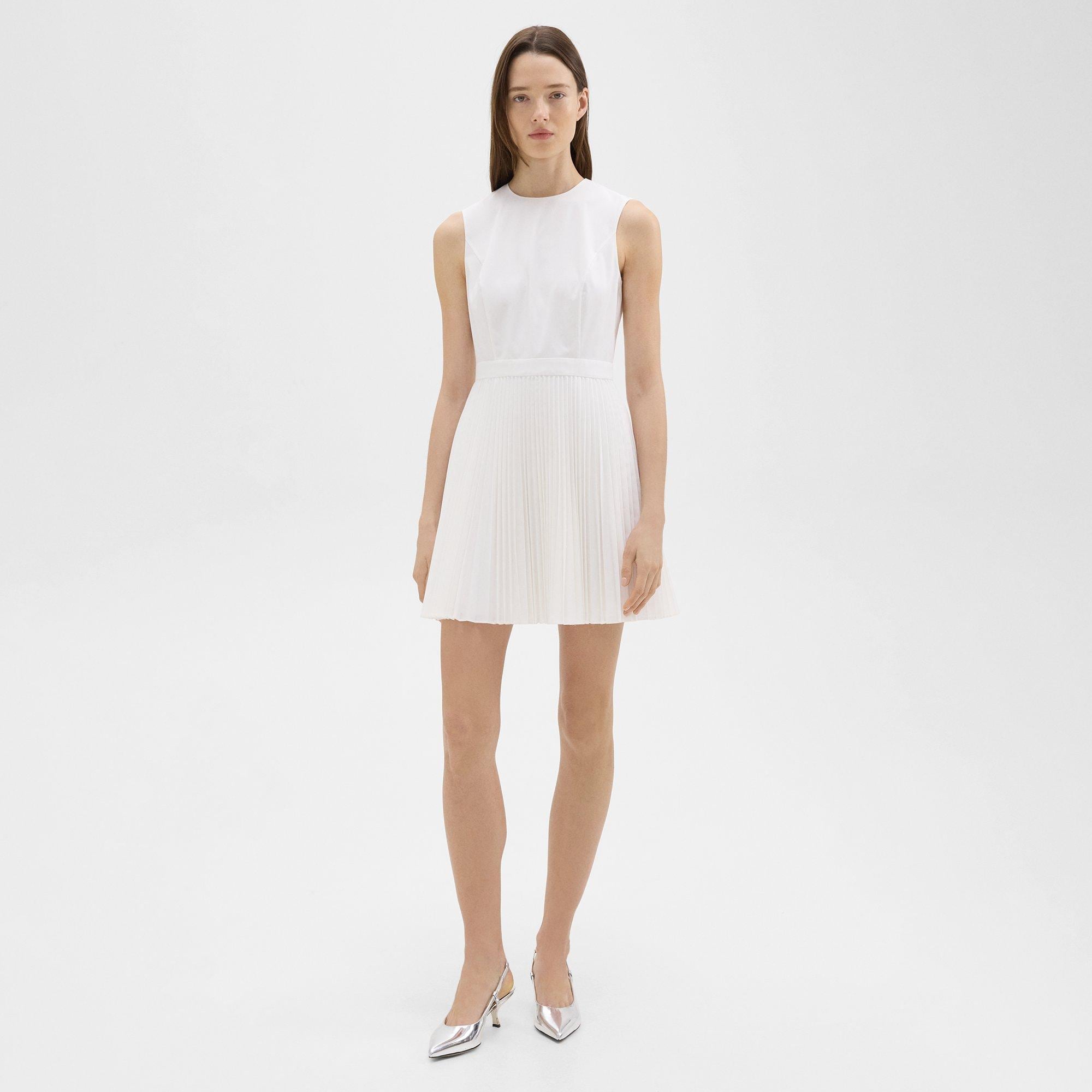 띠어리 Theory Pleated Mini Dress in Sleek Poplin,WHITE