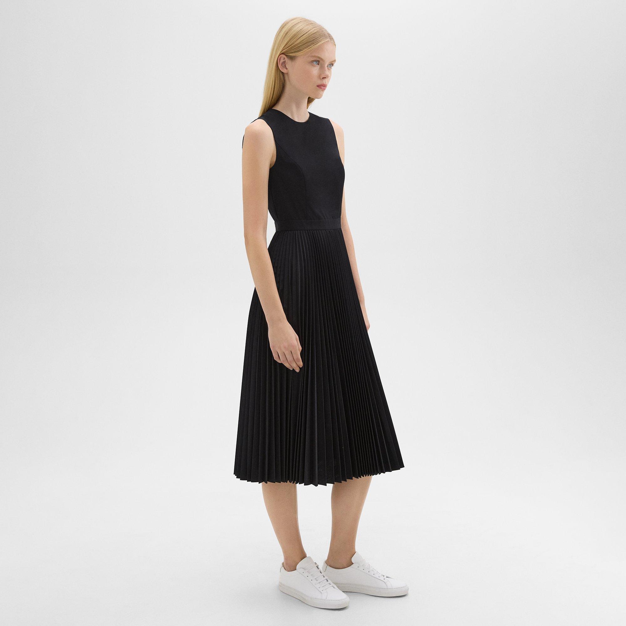 Pleated Midi Dress in Sleek Poplin