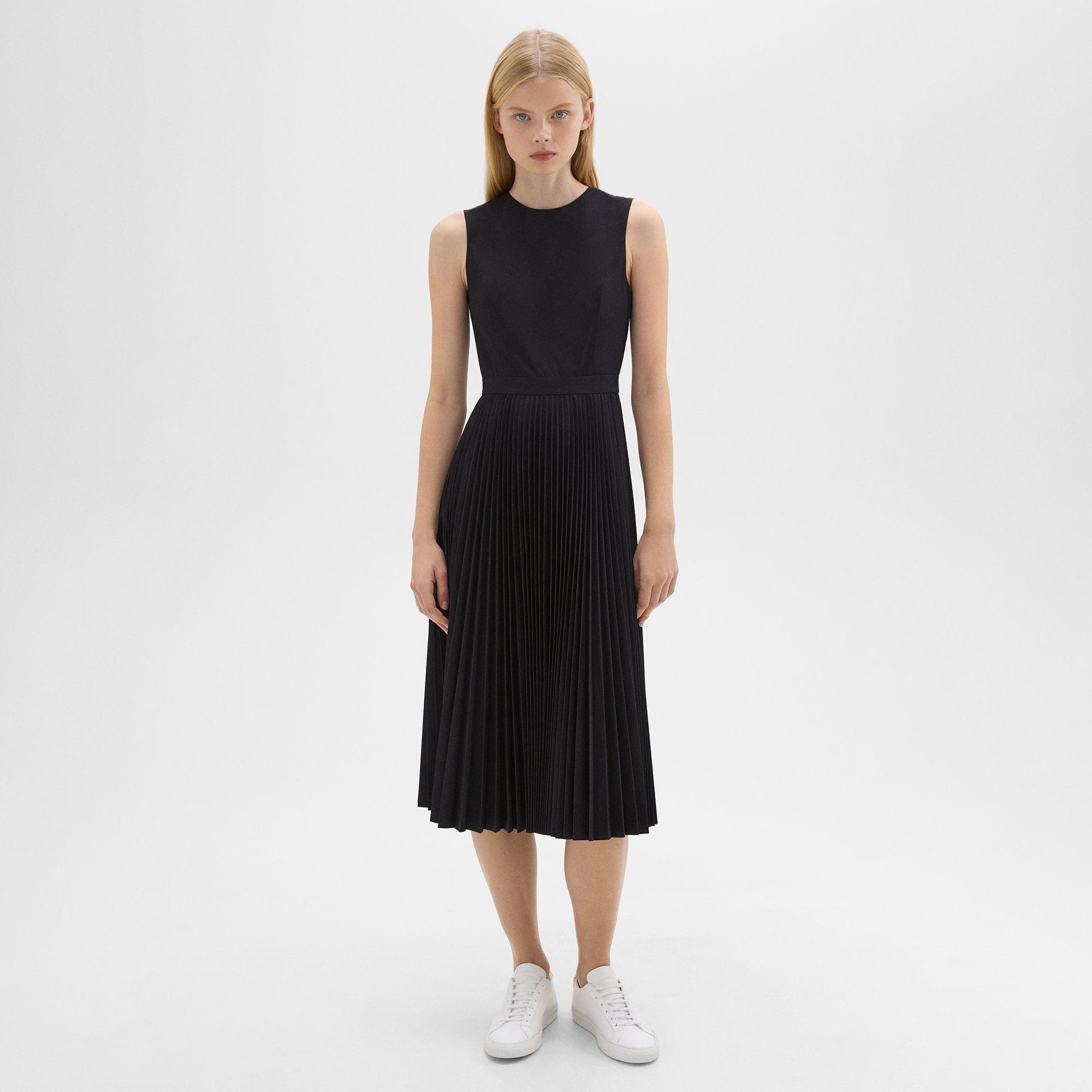 Pleated Midi Dress in Sleek Poplin