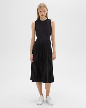 띠어리 Theory Pleated Midi Dress in Sleek Poplin,BLACK