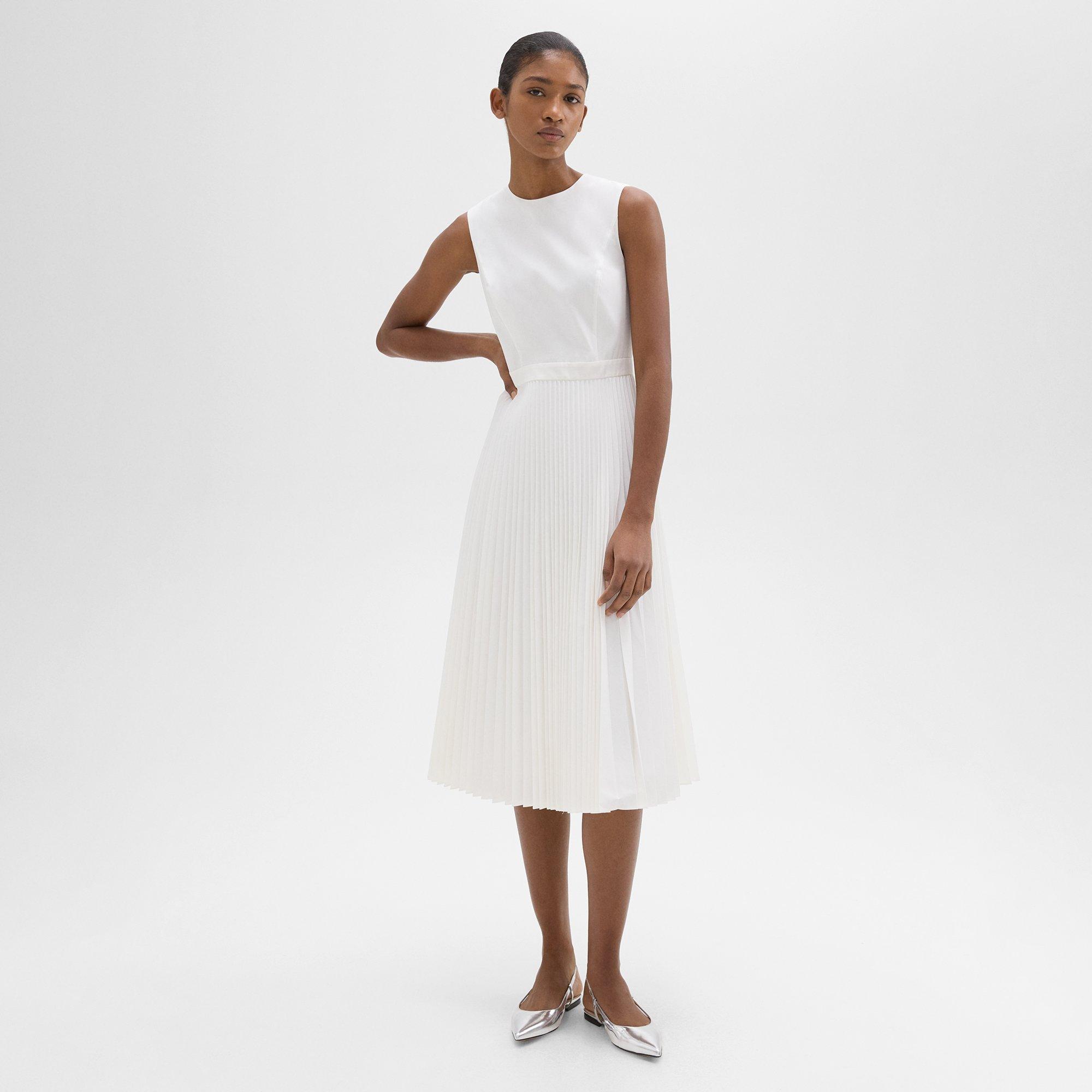 Pleated Midi Dress in Sleek Poplin