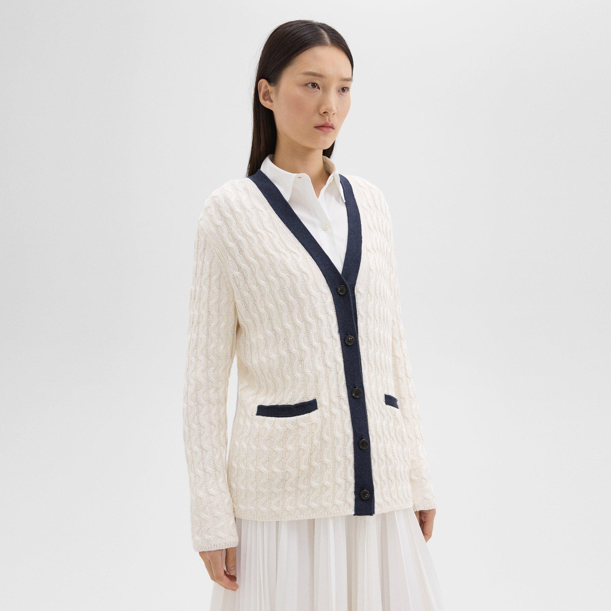 V-Neck Cardigan in Cable Knit Linen