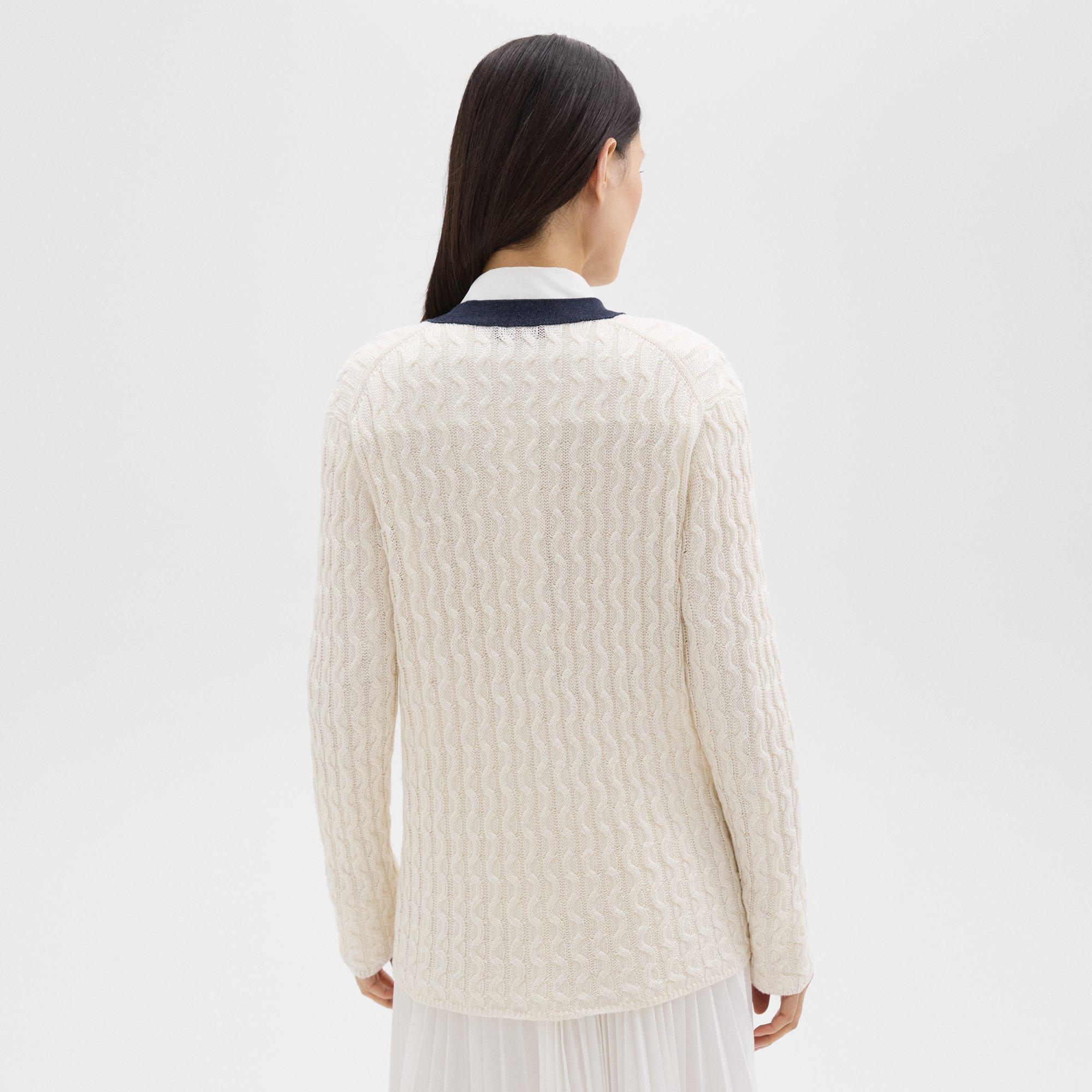 V-Neck Cardigan in Cable Knit Linen