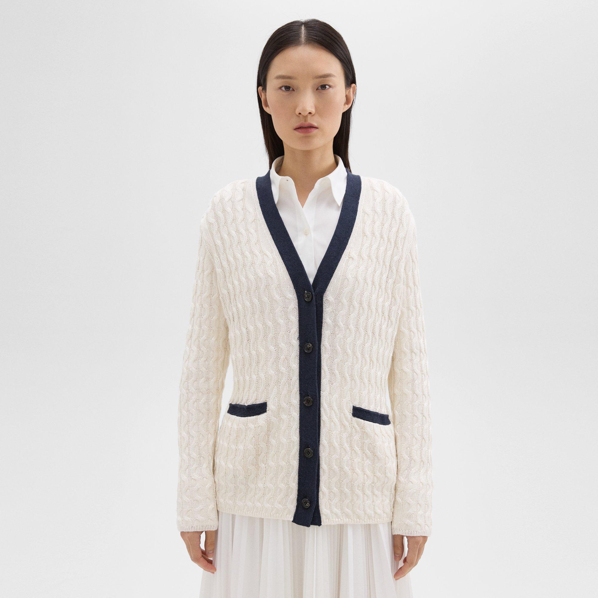 띠어리 Theory V-Neck Cardigan in Cable Knit Linen,BONE/NOCTURNE NAVY