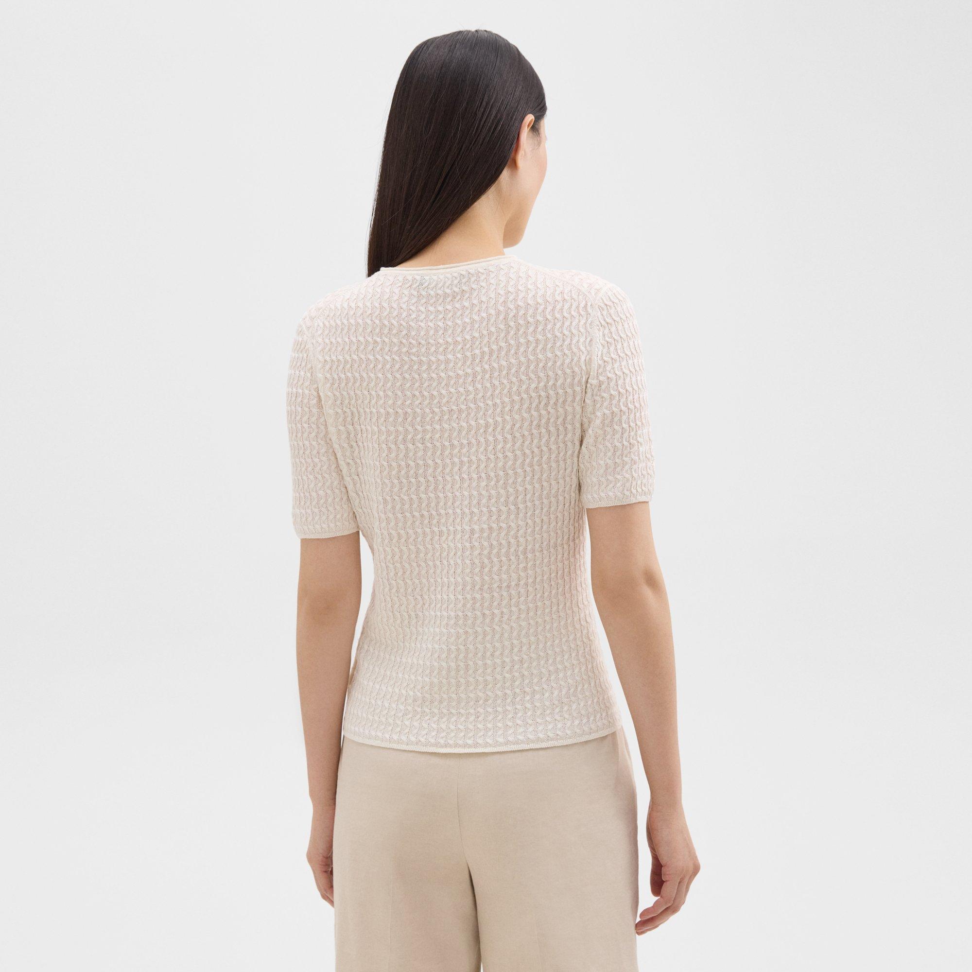 Short-Sleeve Sweater in Cable Knit Linen