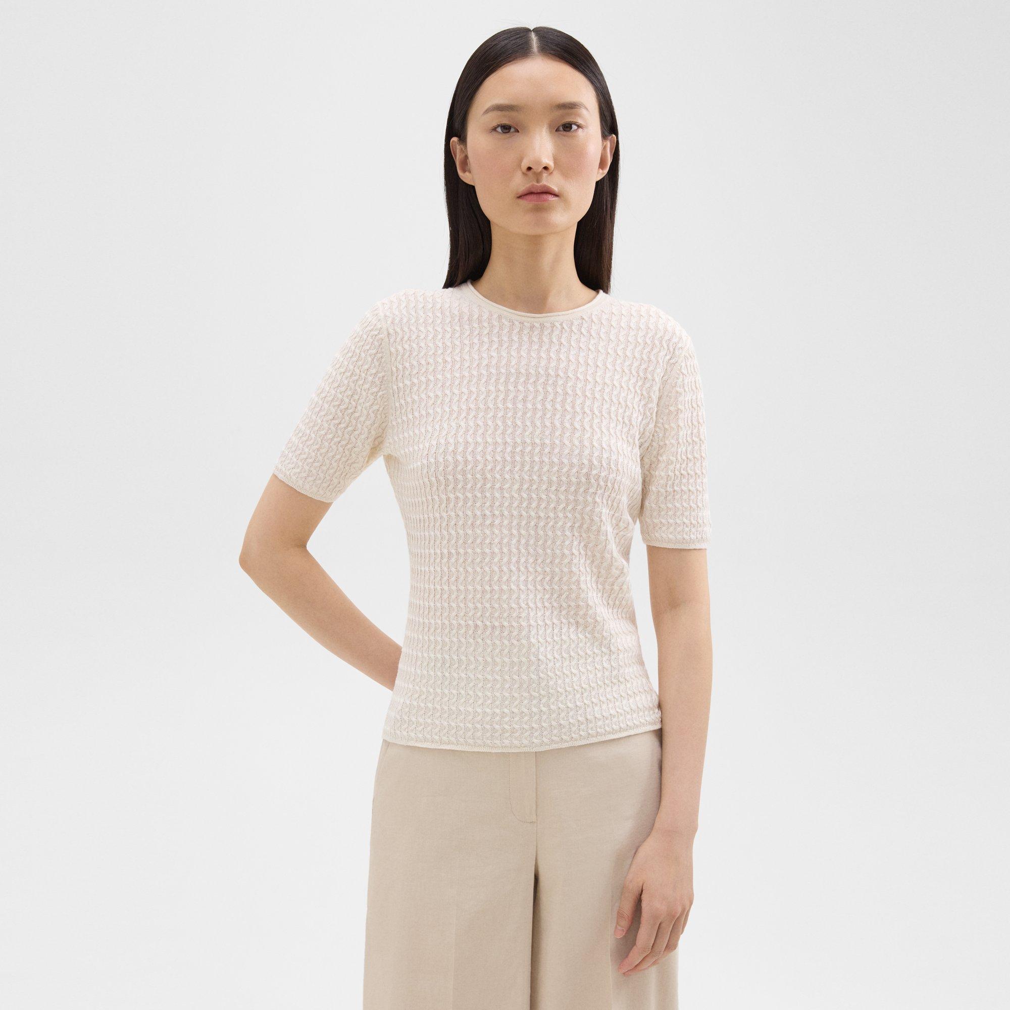 띠어리 Theory Short-Sleeve Sweater in Cable Knit Linen,BONE