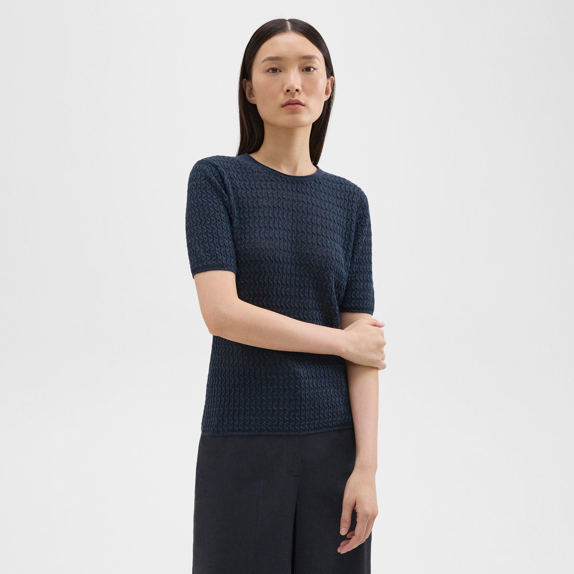 Short-Sleeve Sweater in Cable Knit Linen