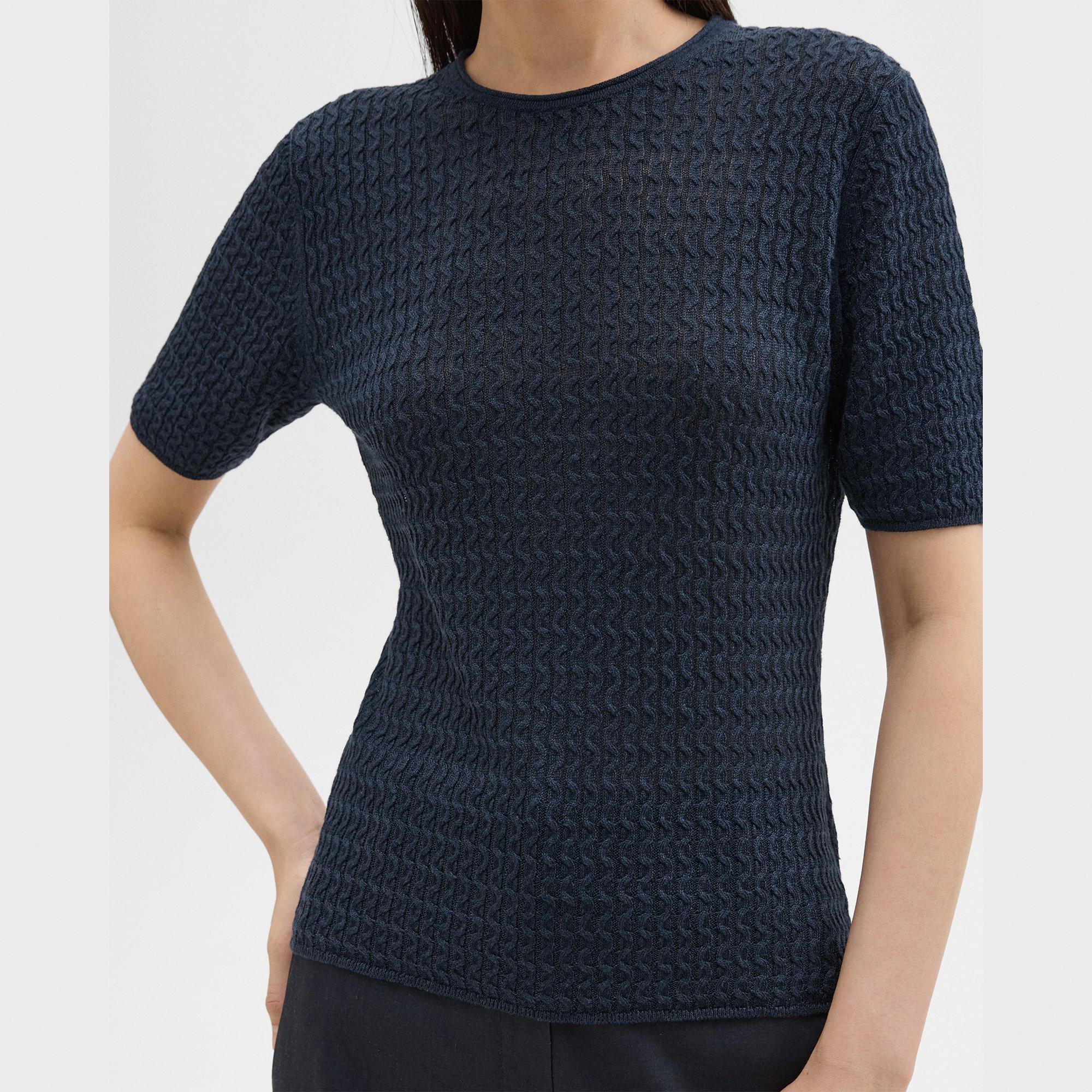 Short-Sleeve Sweater in Cable Knit Linen