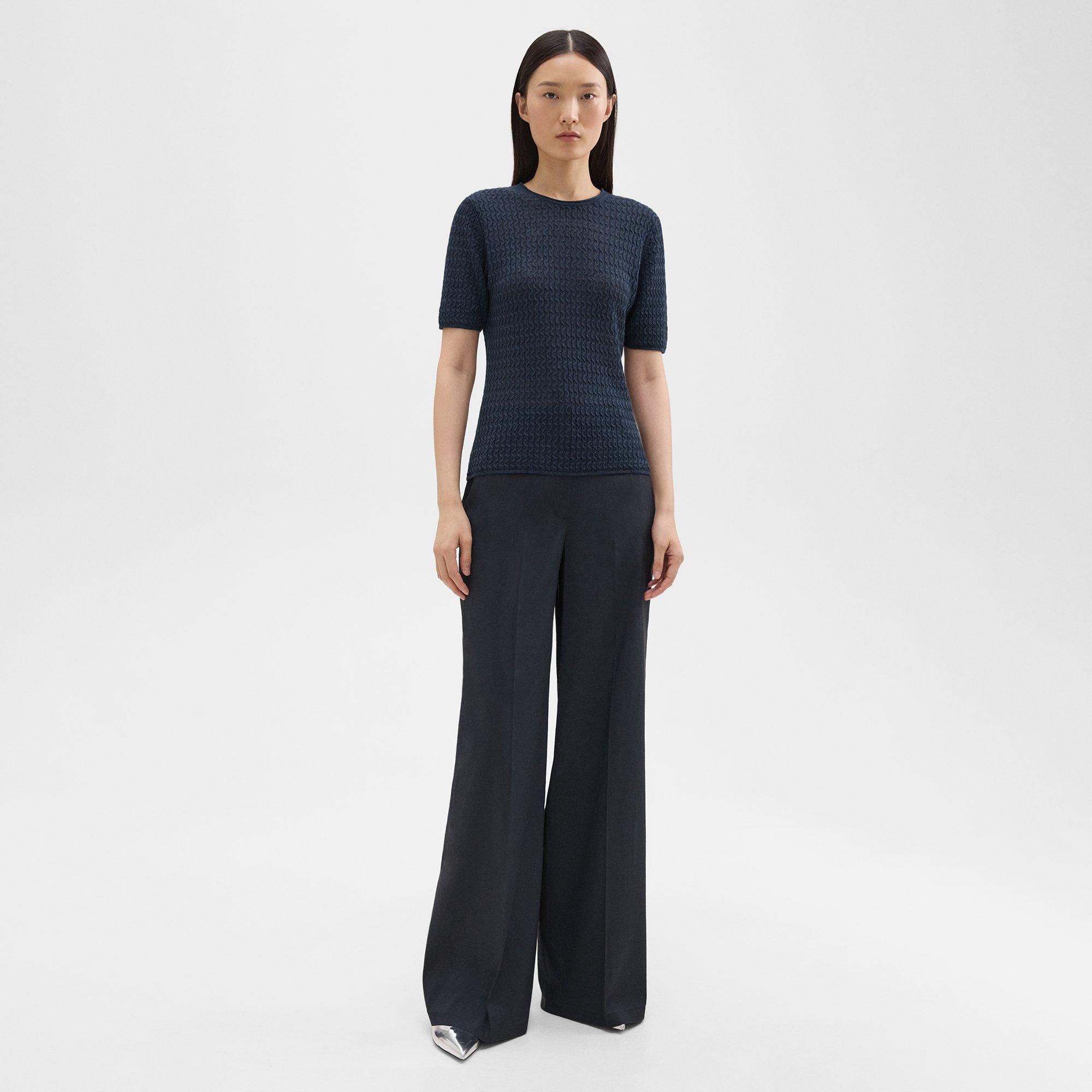 Short-Sleeve Sweater in Cable Knit Linen