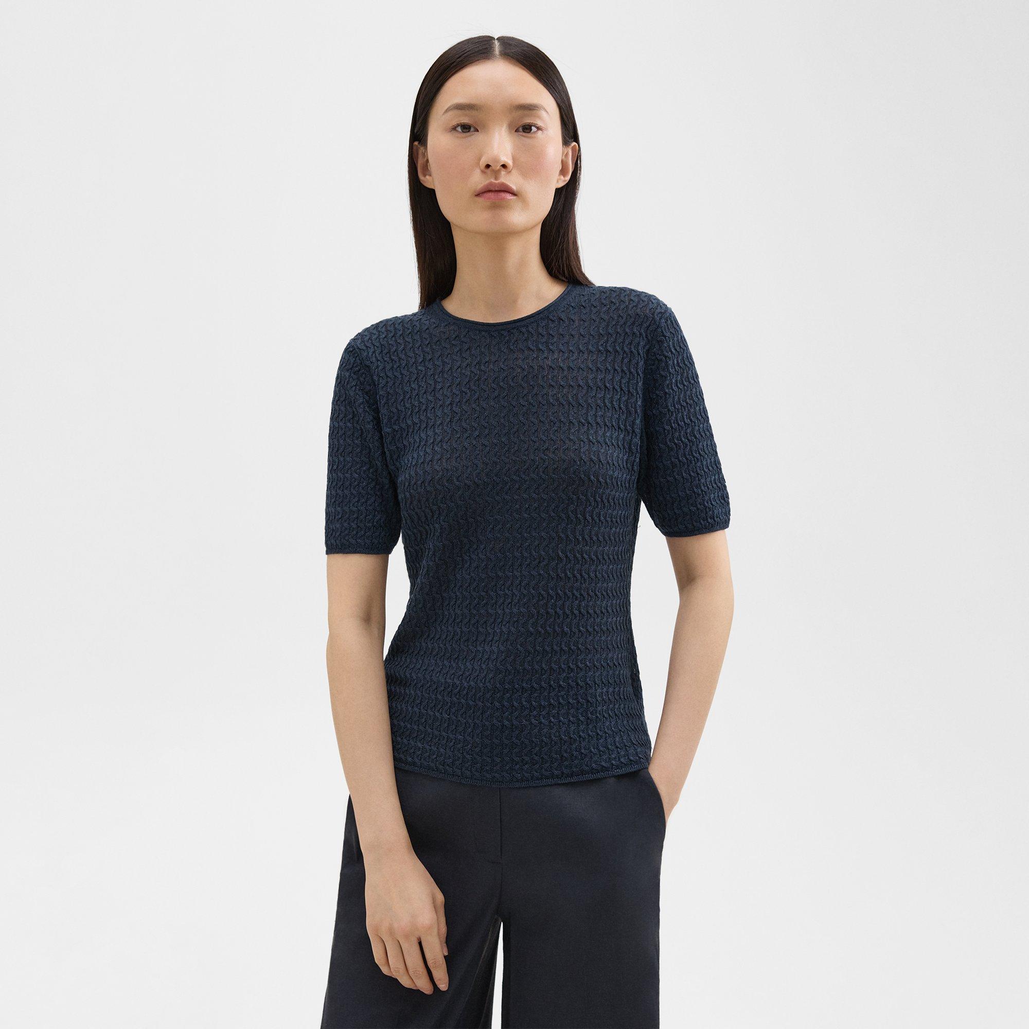 띠어리 Theory Short-Sleeve Sweater in Cable Knit Linen,NOCTURNE NAVY