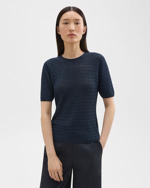 띠어리 Theory Short-Sleeve Sweater in Cable Knit Linen,NOCTURNE NAVY