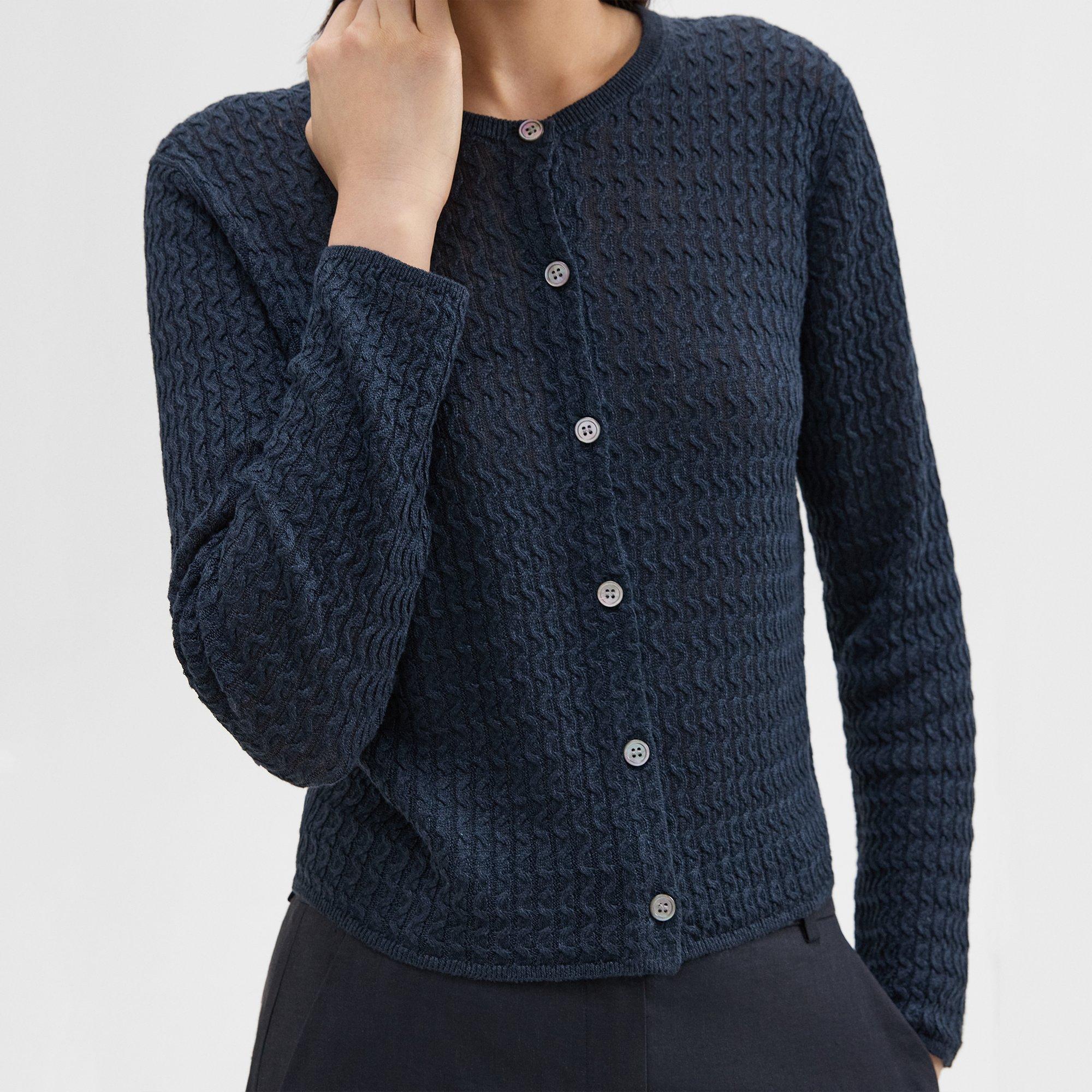 Crewneck Cardigan in Cable Knit Linen
