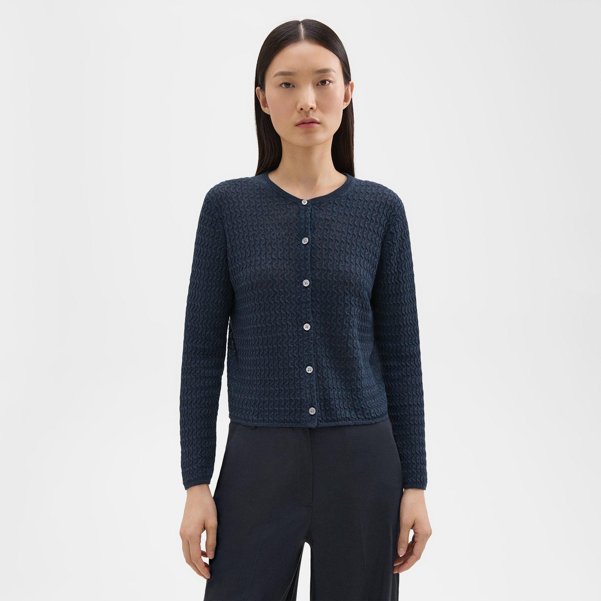 띠어리 Theory Crewneck Cardigan in Cable Knit Linen,NOCTURNE NAVY