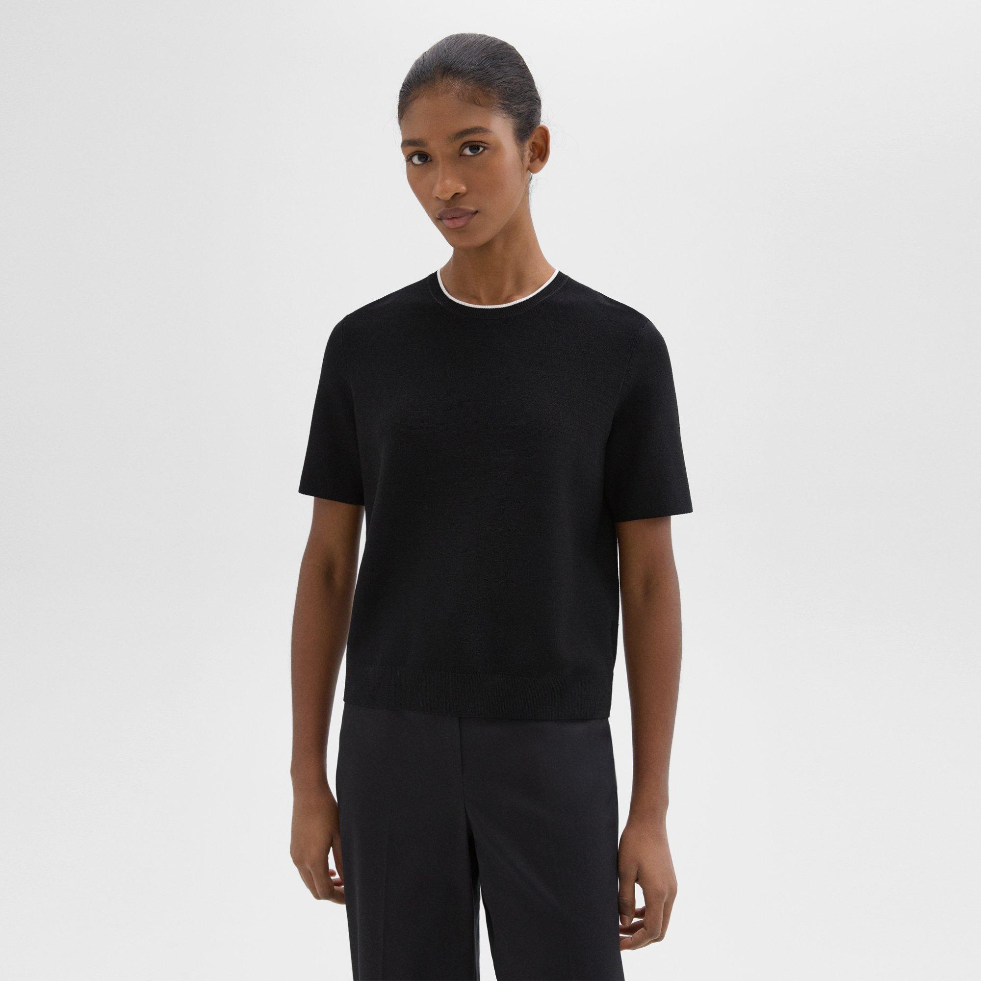 띠어리 Theory Short-Sleeve Sweater in Crepe Knit,BLACK