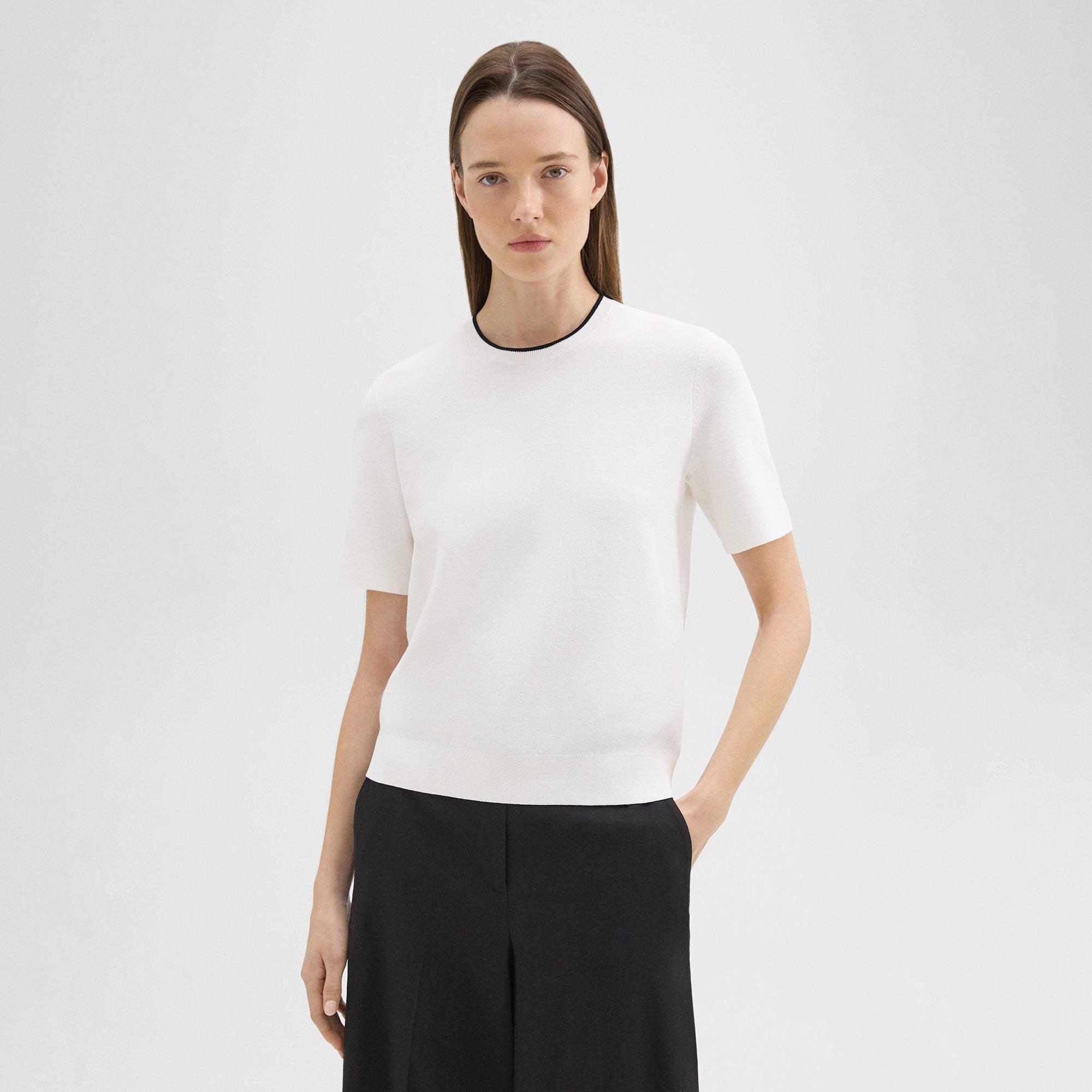 띠어리 Theory Short-Sleeve Sweater in Crepe Knit,WHITE