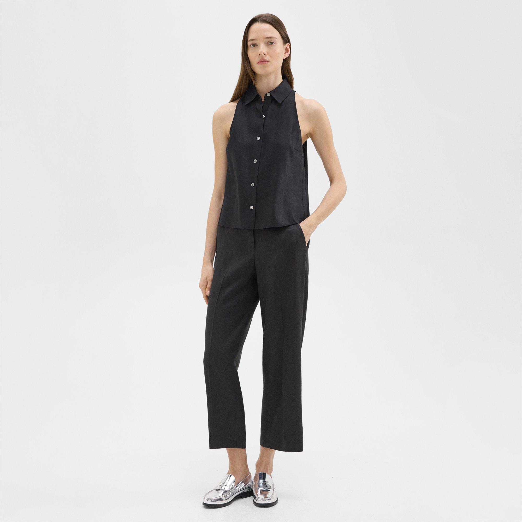 띠어리 Theory Straight-Leg Pull-On Pant in Linen-Viscose,BLACK