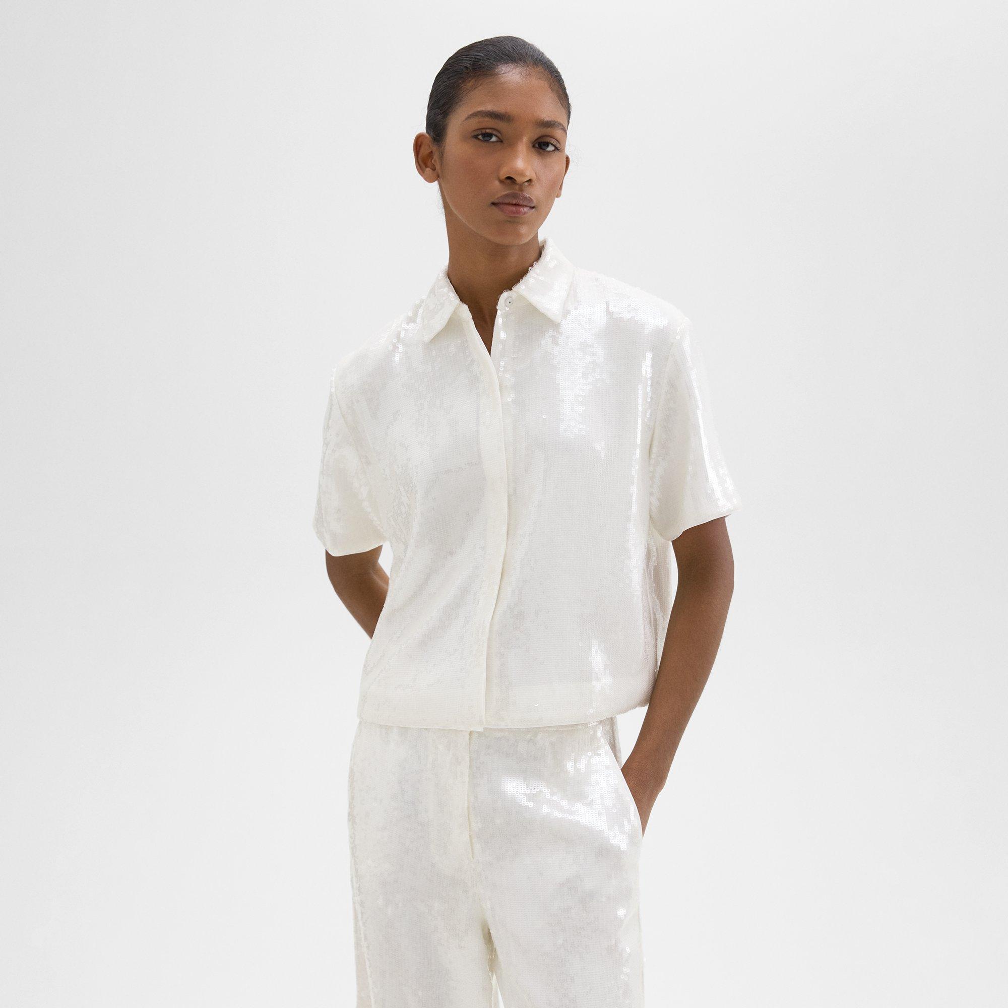 띠어리 Theory Cropped Short-Sleeve Shirt in Recycled Sequins,WHITE