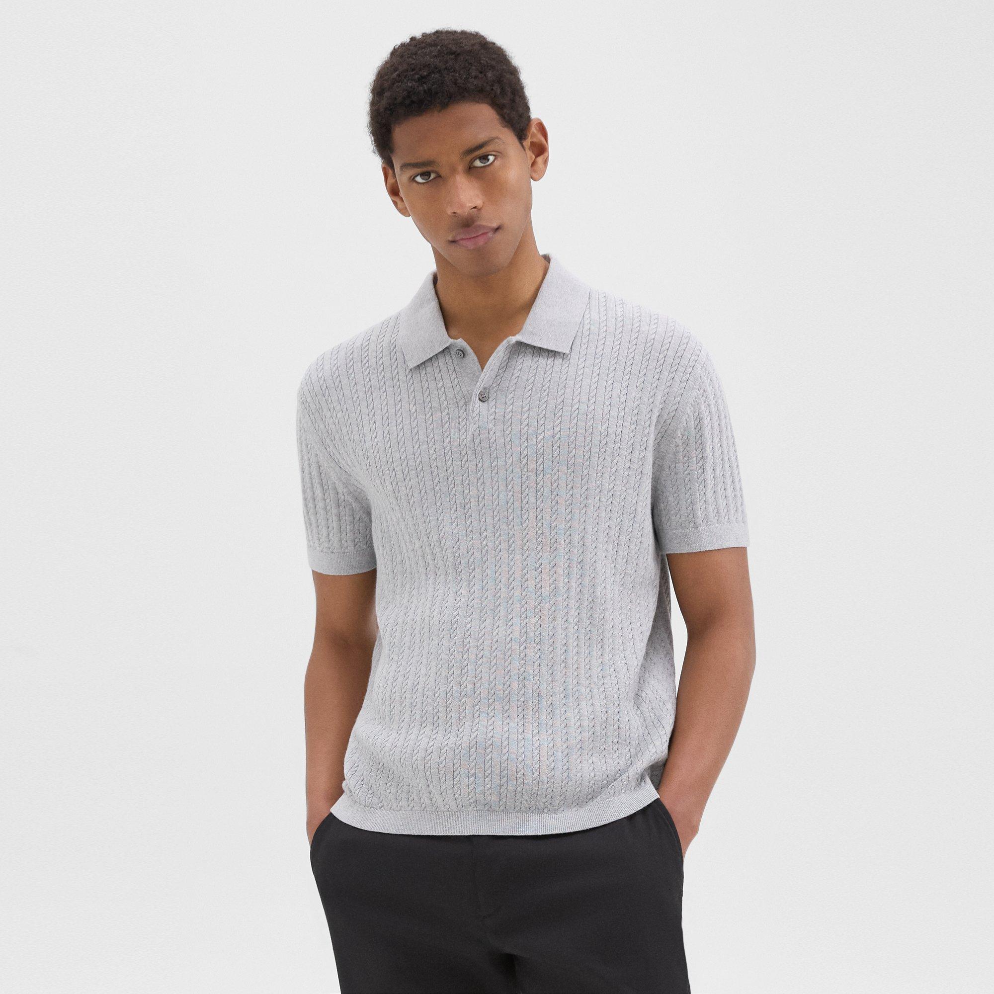 띠어리 Theory Cable Knit Polo in Cotton,LIGHT GREY HEATHER