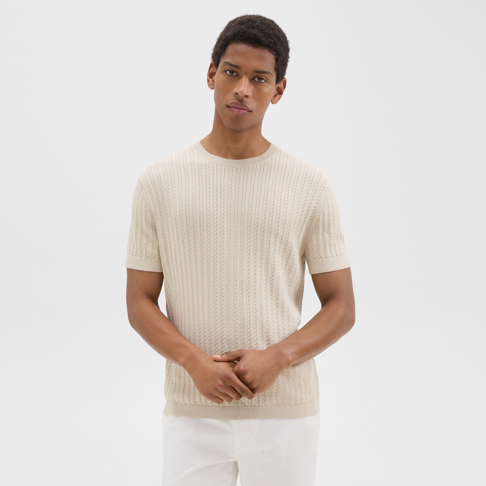 띠어리 Theory Cable Knit Short-Sleeve Sweater in Cotton,NEW SAND