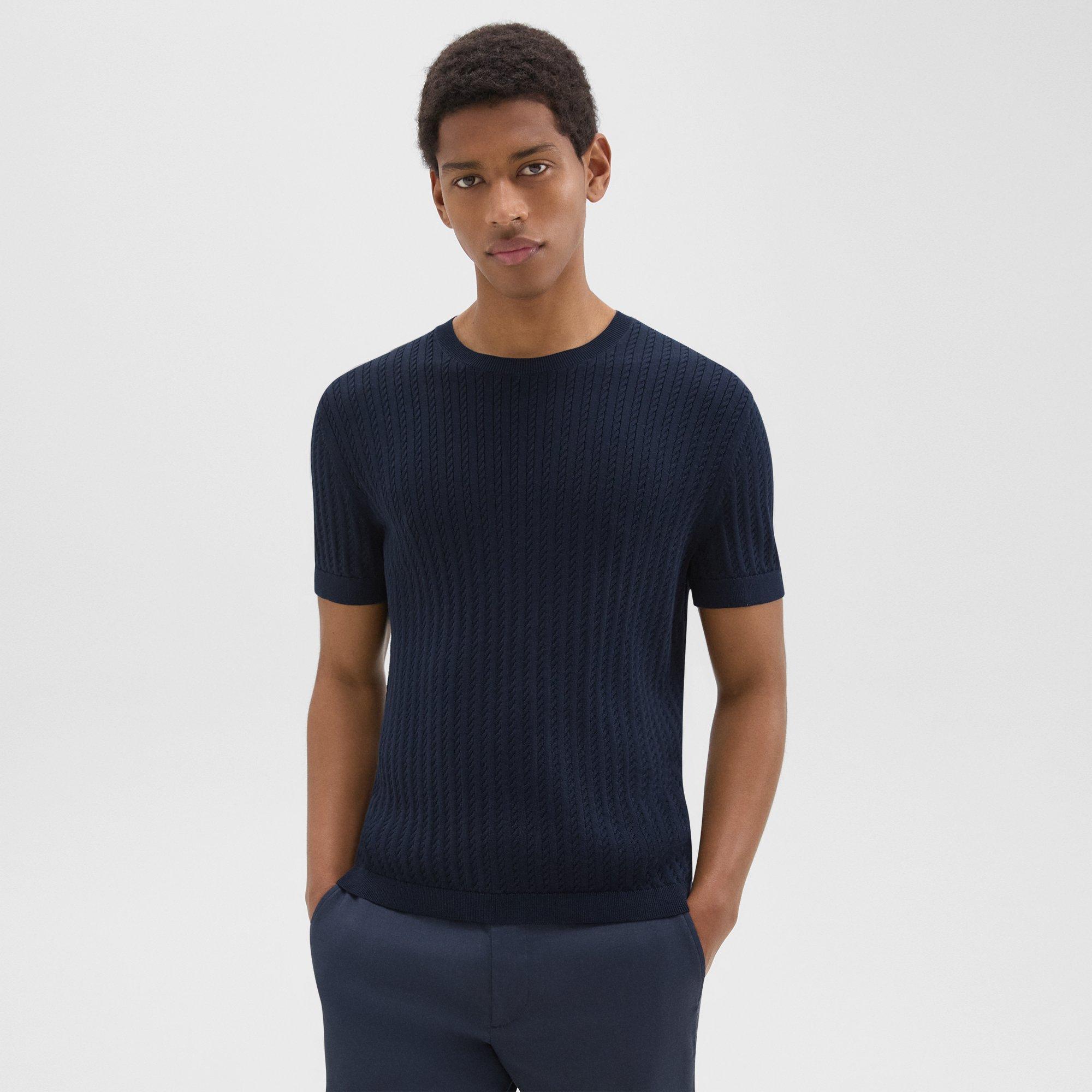 띠어리 Theory Cable Knit Short-Sleeve Sweater in Cotton,BALTIC