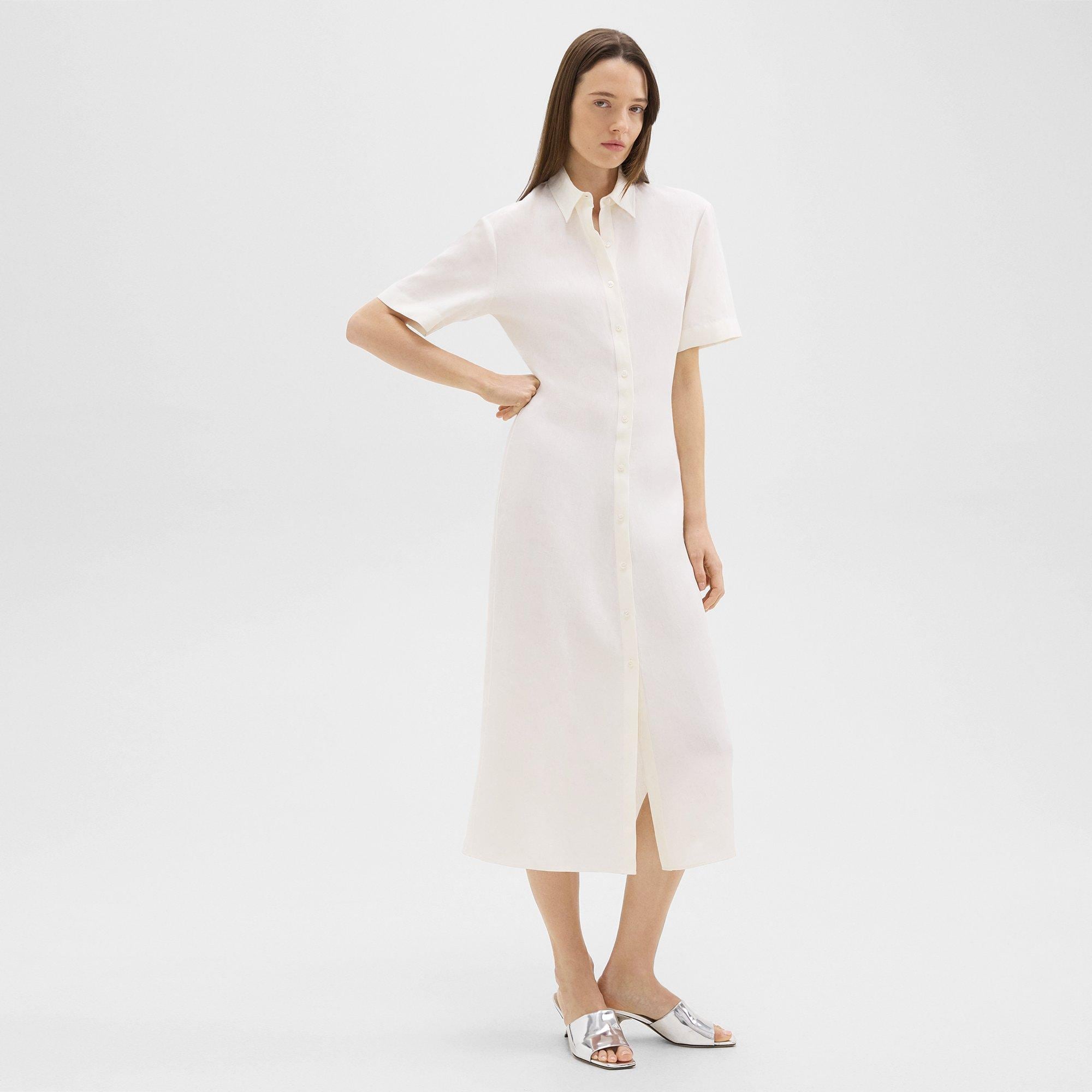 Short-Sleeve Shirt Dress in Galena Linen