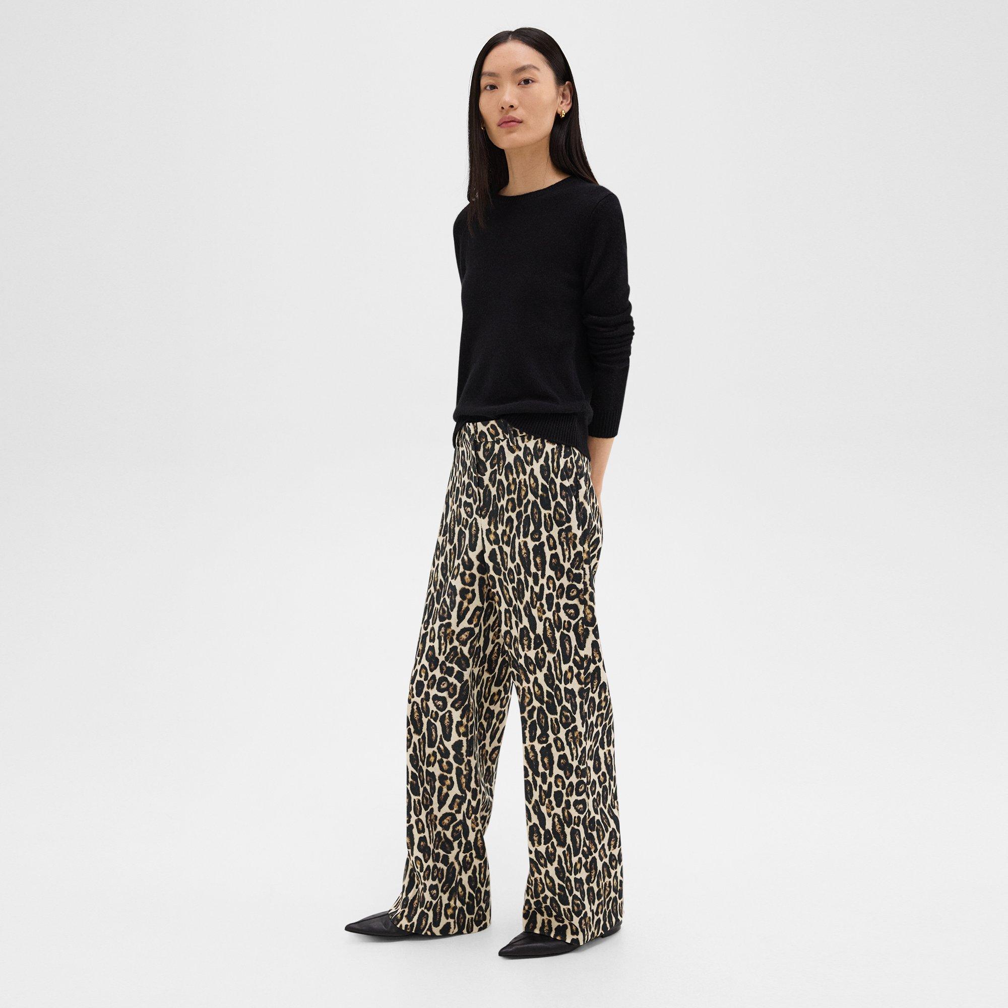 Lässige, gerade geschnittene Hose aus Wolle mit Stretch-Anteil und Leopardenprint