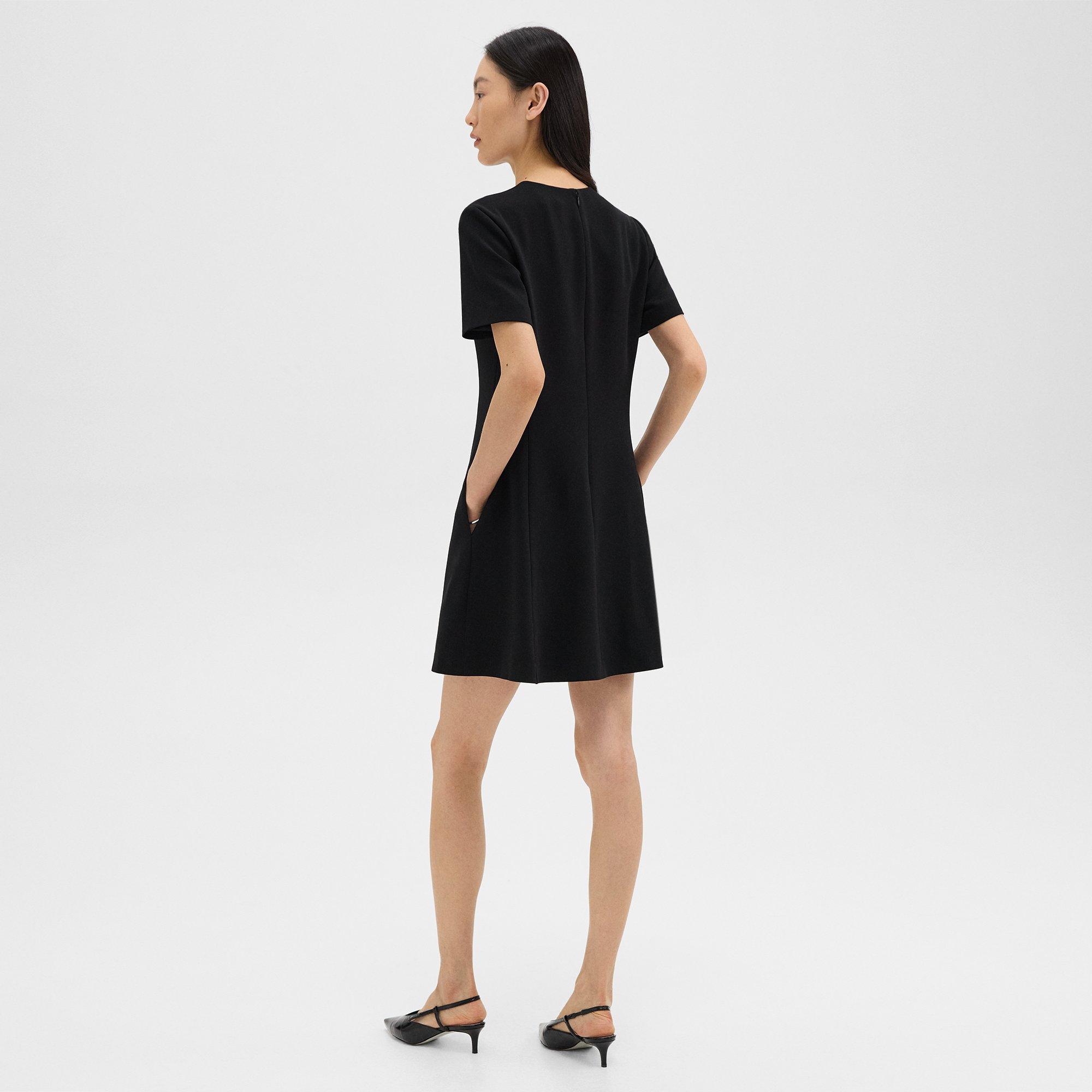 Flared Short-Sleeve Dress in Admiral Crepe