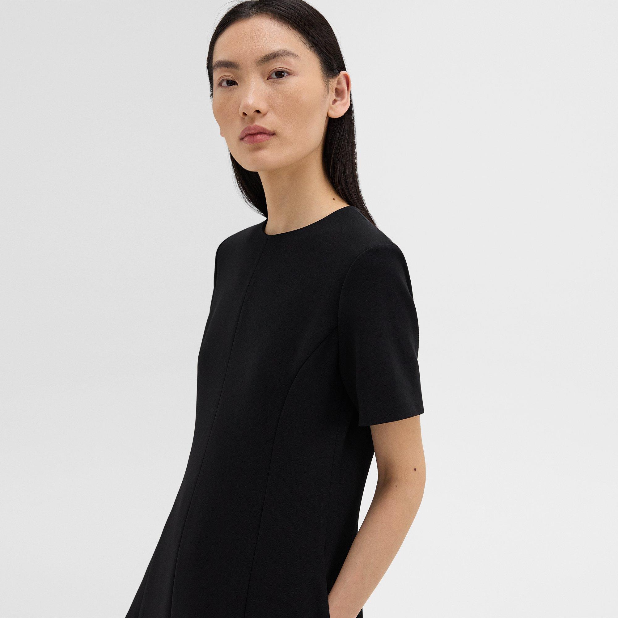 Flared Short-Sleeve Dress in Admiral Crepe