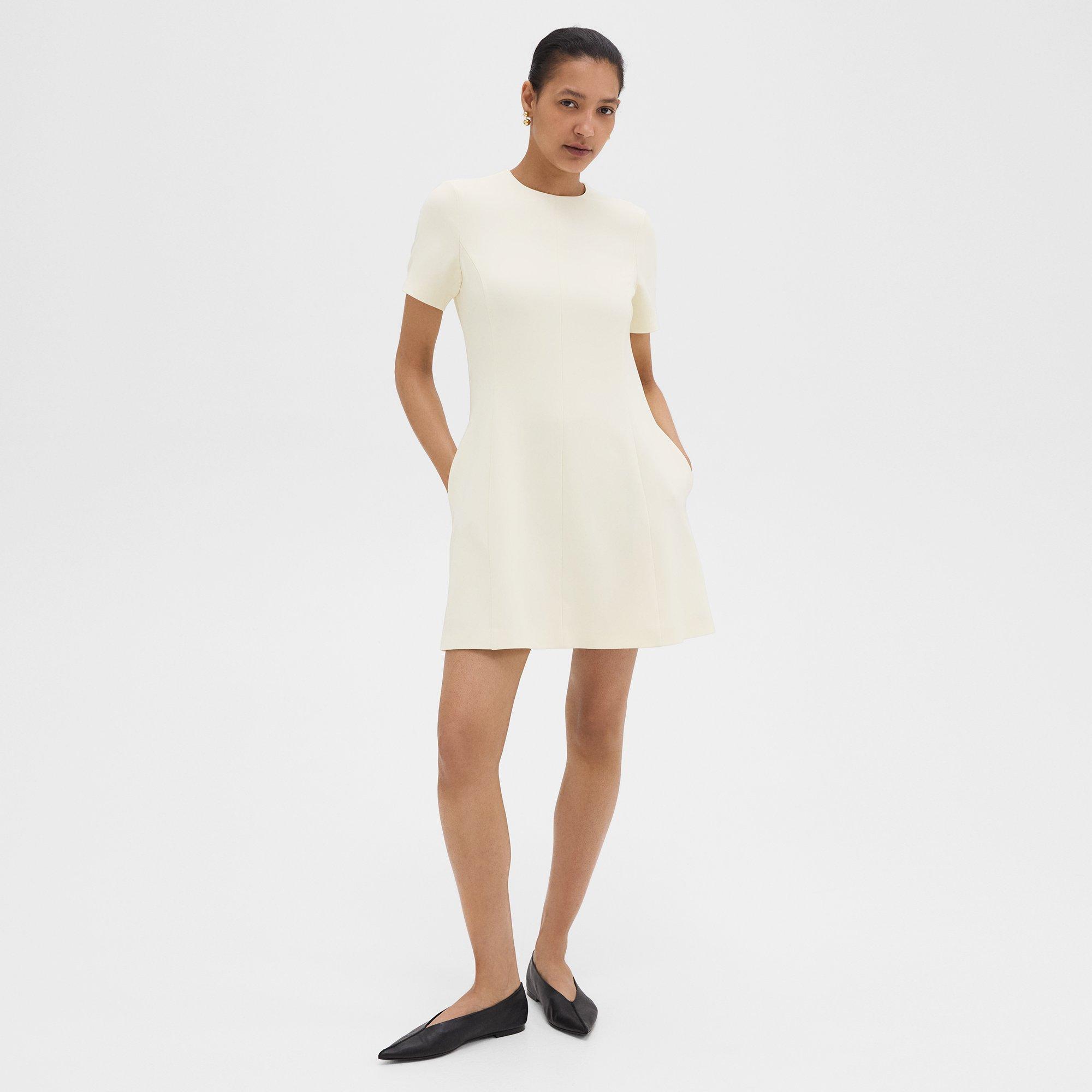Flared Short-Sleeve Dress in Admiral Crepe