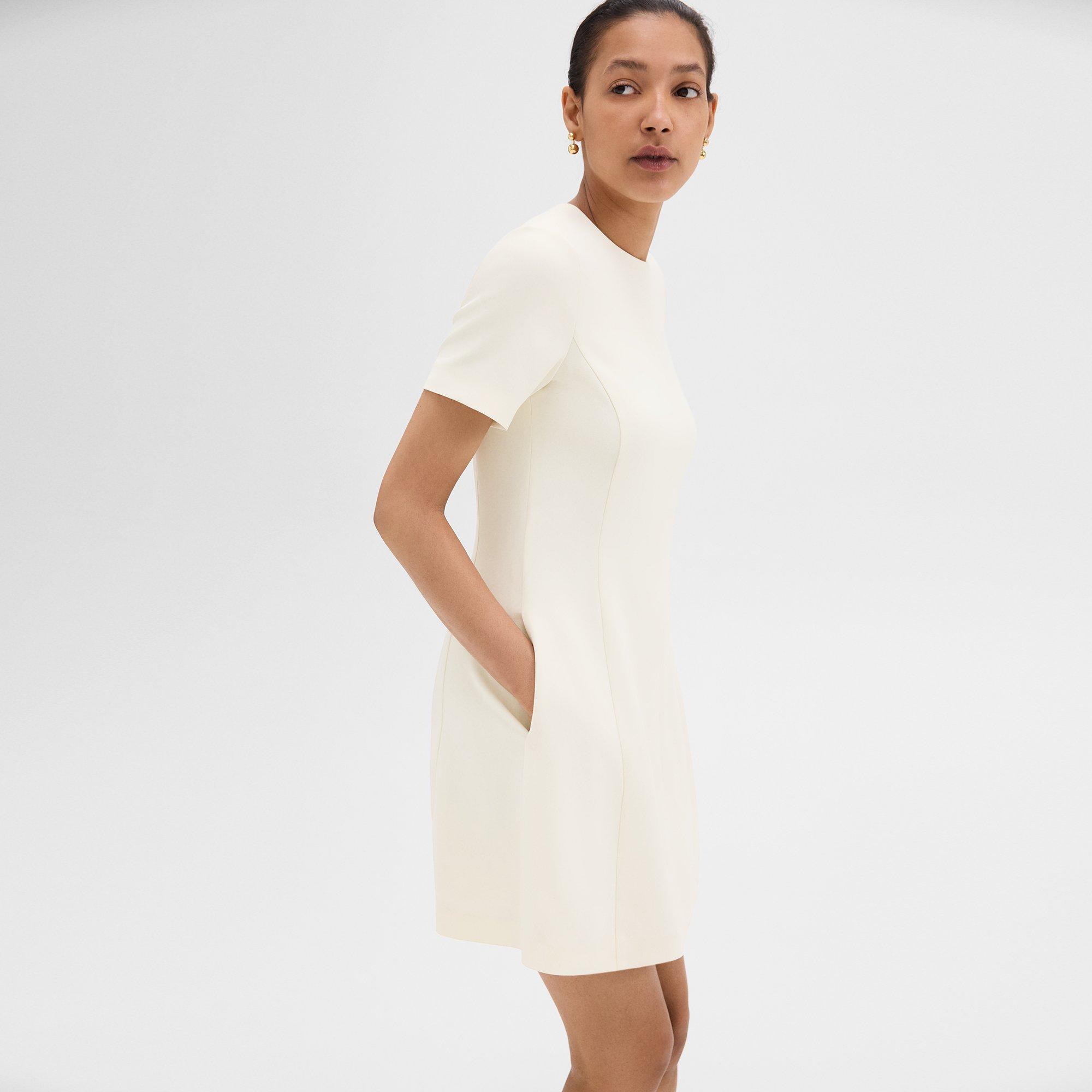 Flared Short-Sleeve Dress in Admiral Crepe