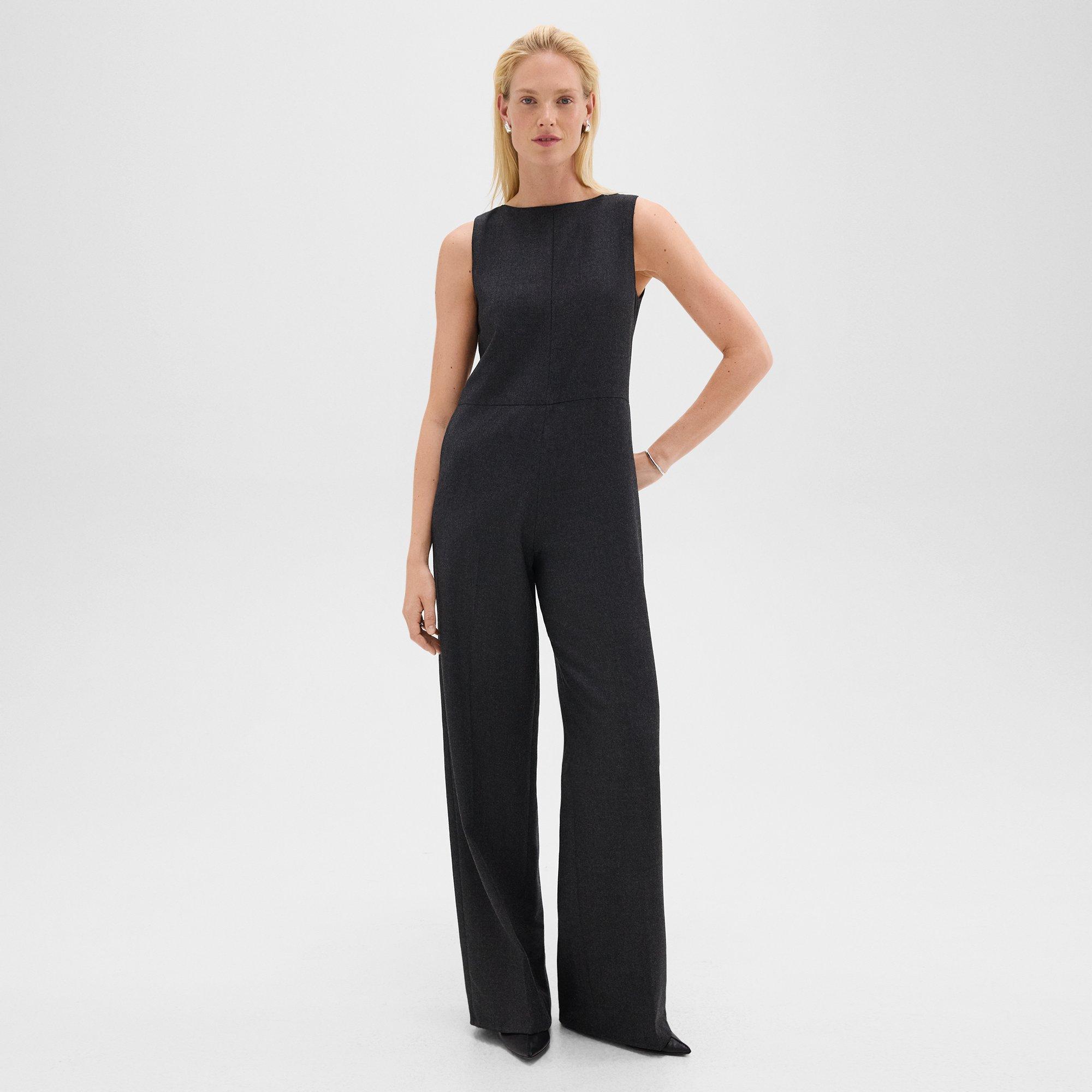 Relaxed Sleeveless Jumpsuit in Stretch Flannel