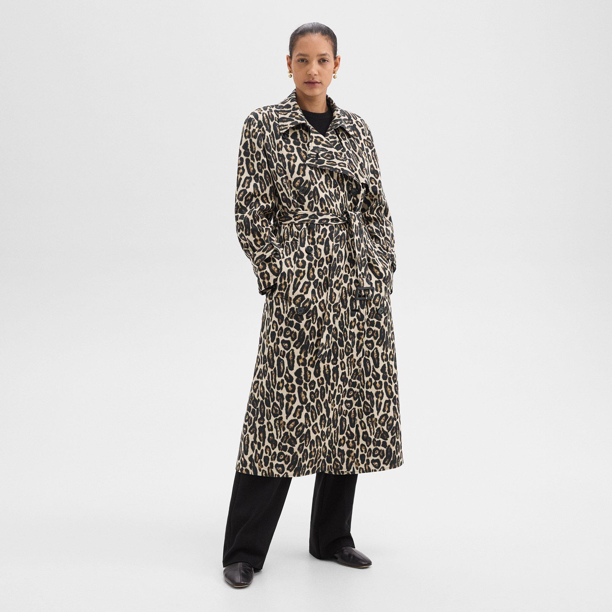 Lässiger Trench aus Wolle mit Stretch-Anteil und Leopardenprint