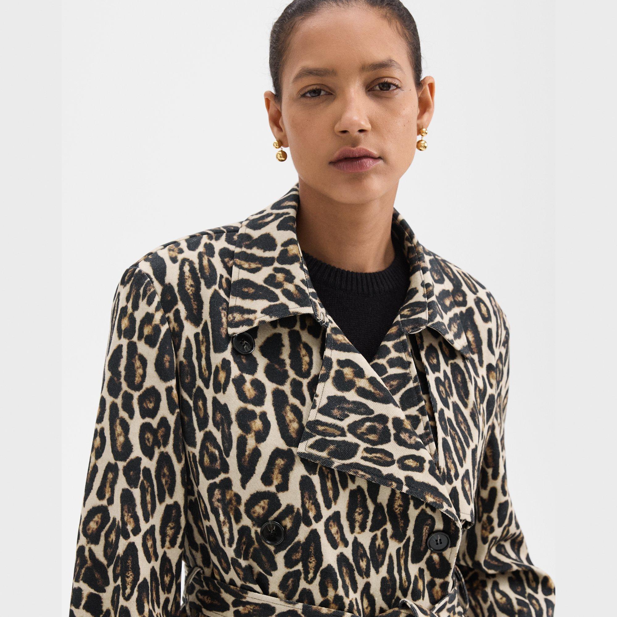 Lässiger Trench aus Wolle mit Stretch-Anteil und Leopardenprint