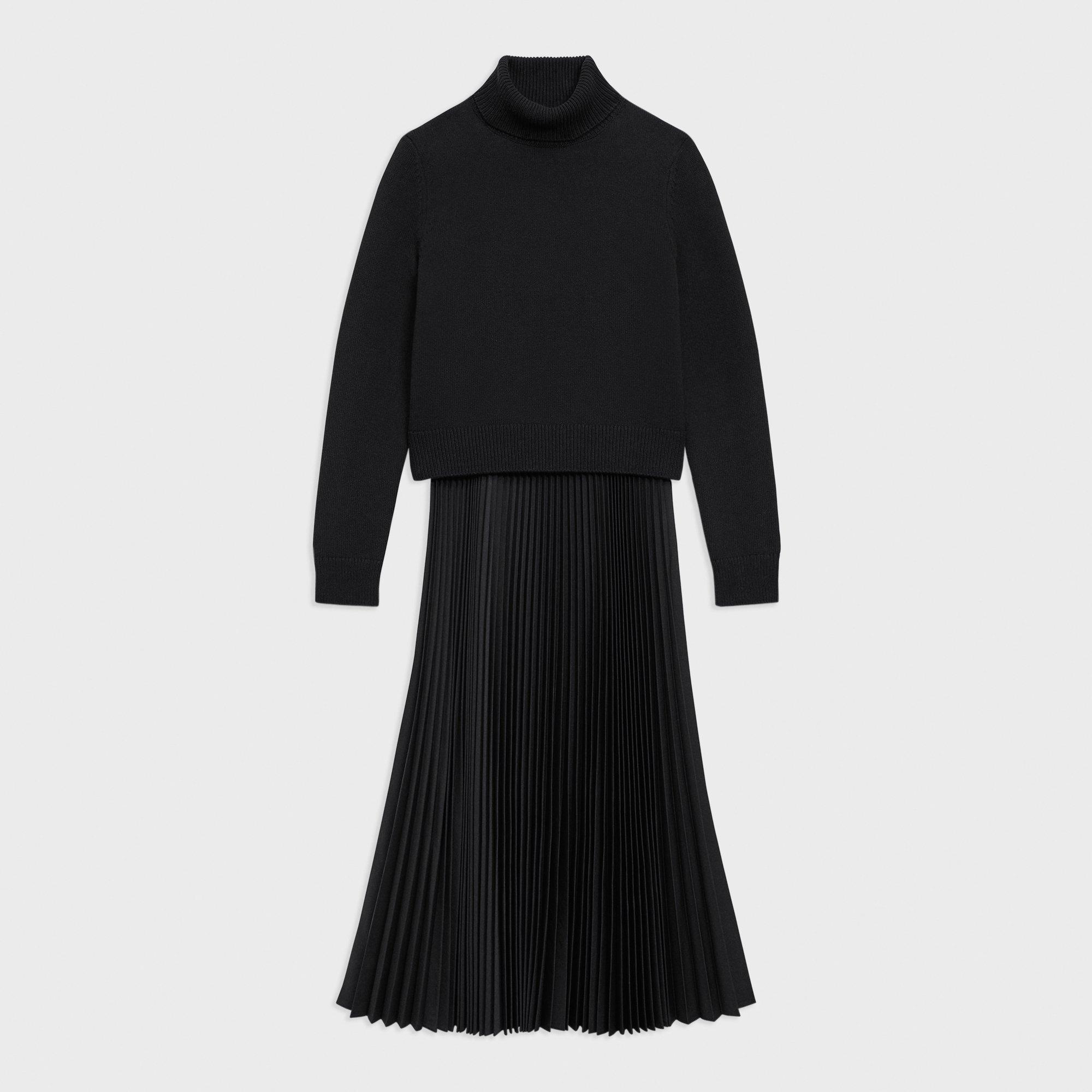 Pleated Combo Dress in Stretch Wool-Blend