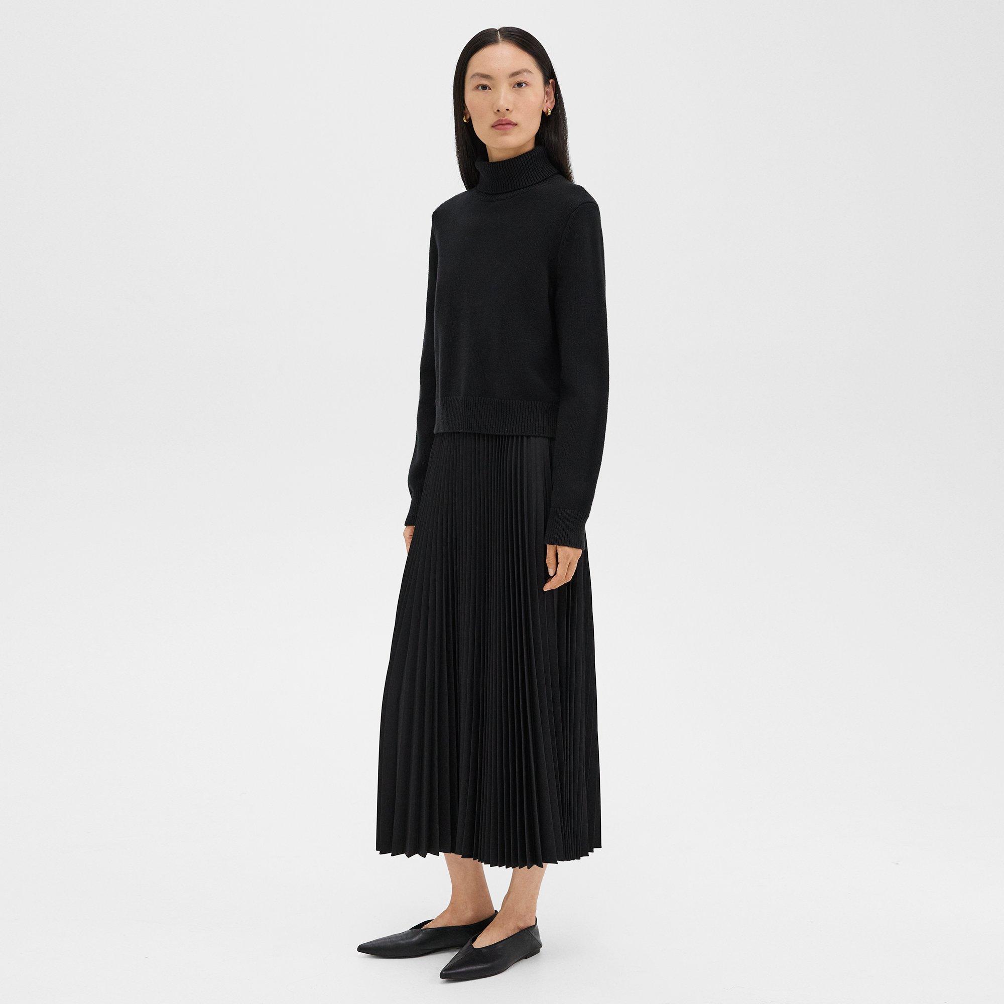 Pleated Combo Dress in Stretch Wool-Blend