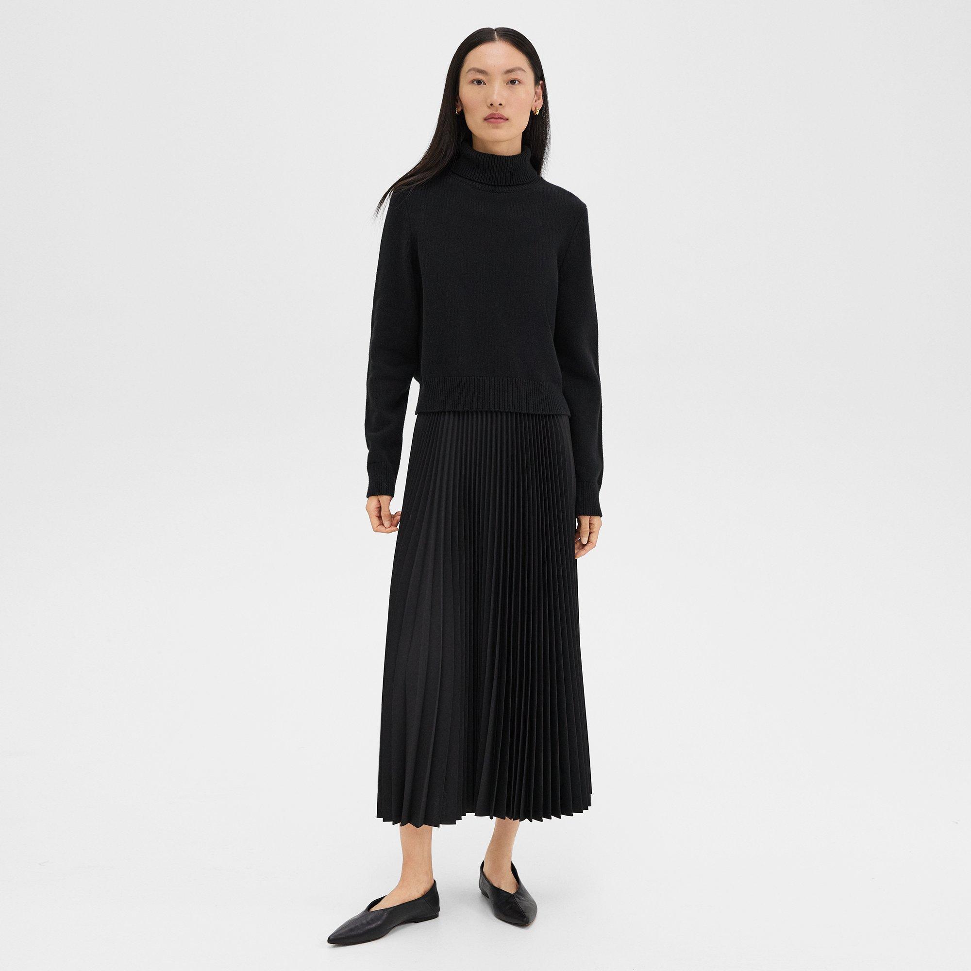 Pleated Combo Dress in Stretch Wool-Blend