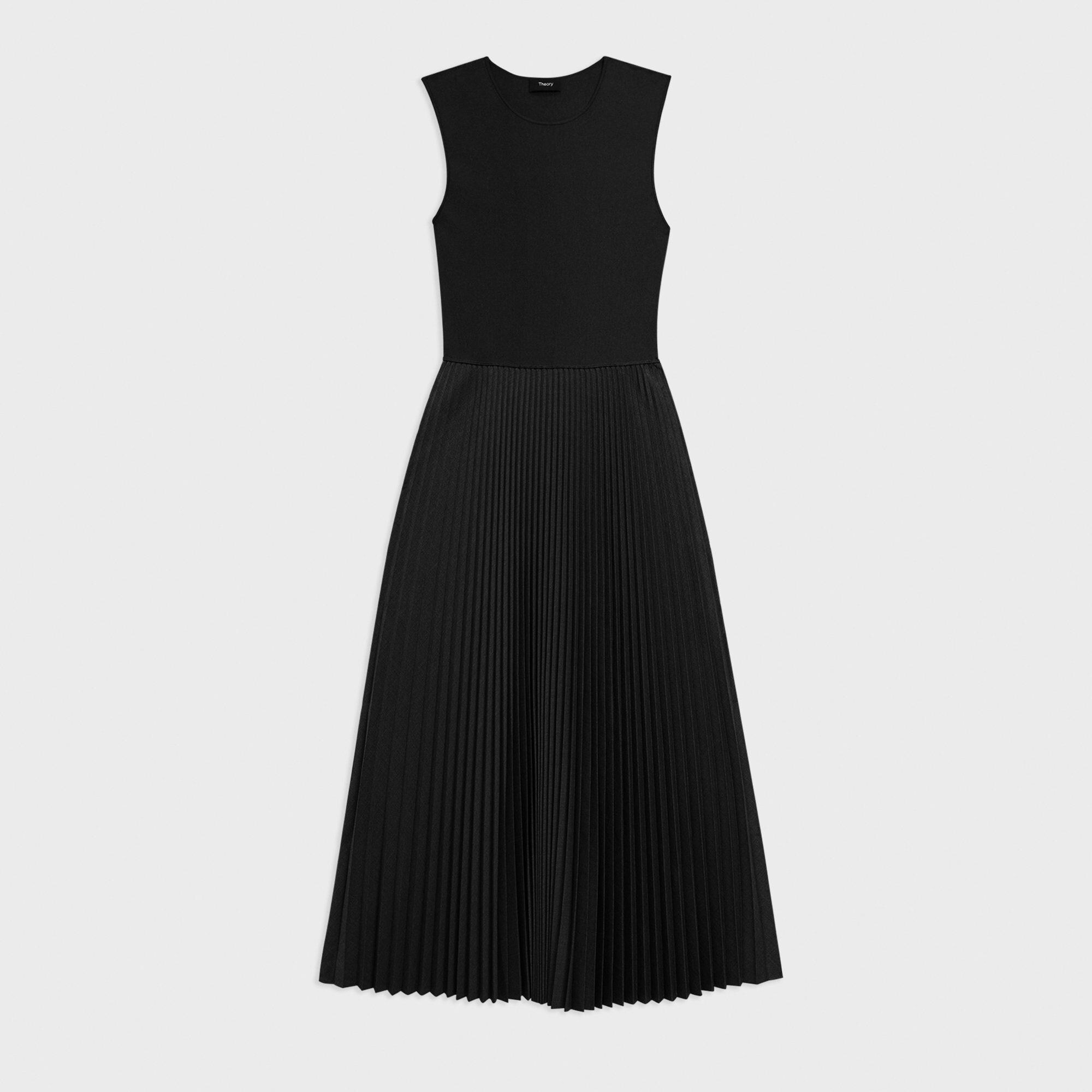 Pleated Combo Dress in Stretch Wool-Blend