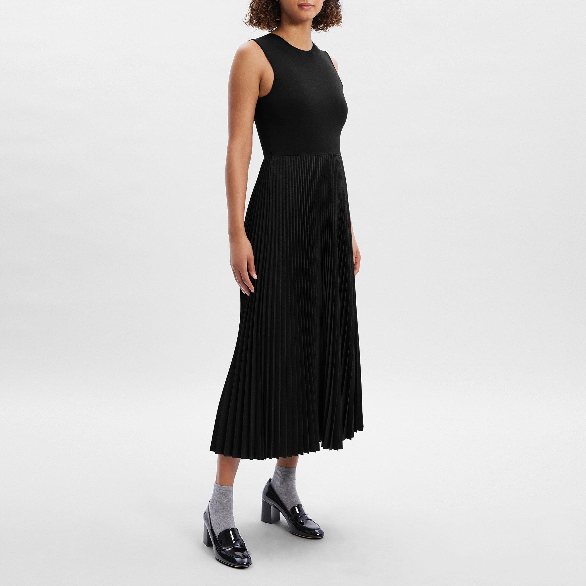 Pleated Combo Dress in Stretch Wool-Blend