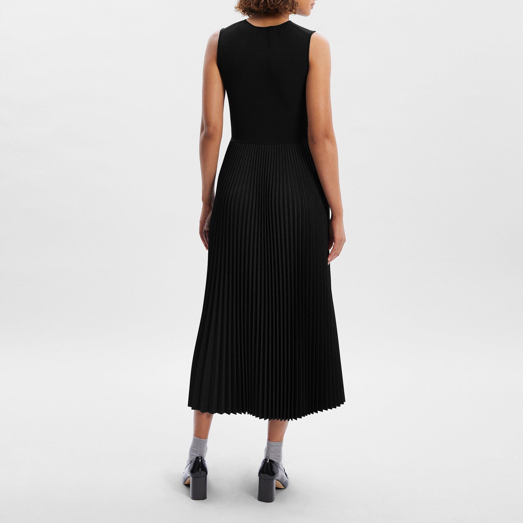 Pleated Combo Dress in Stretch Wool-Blend