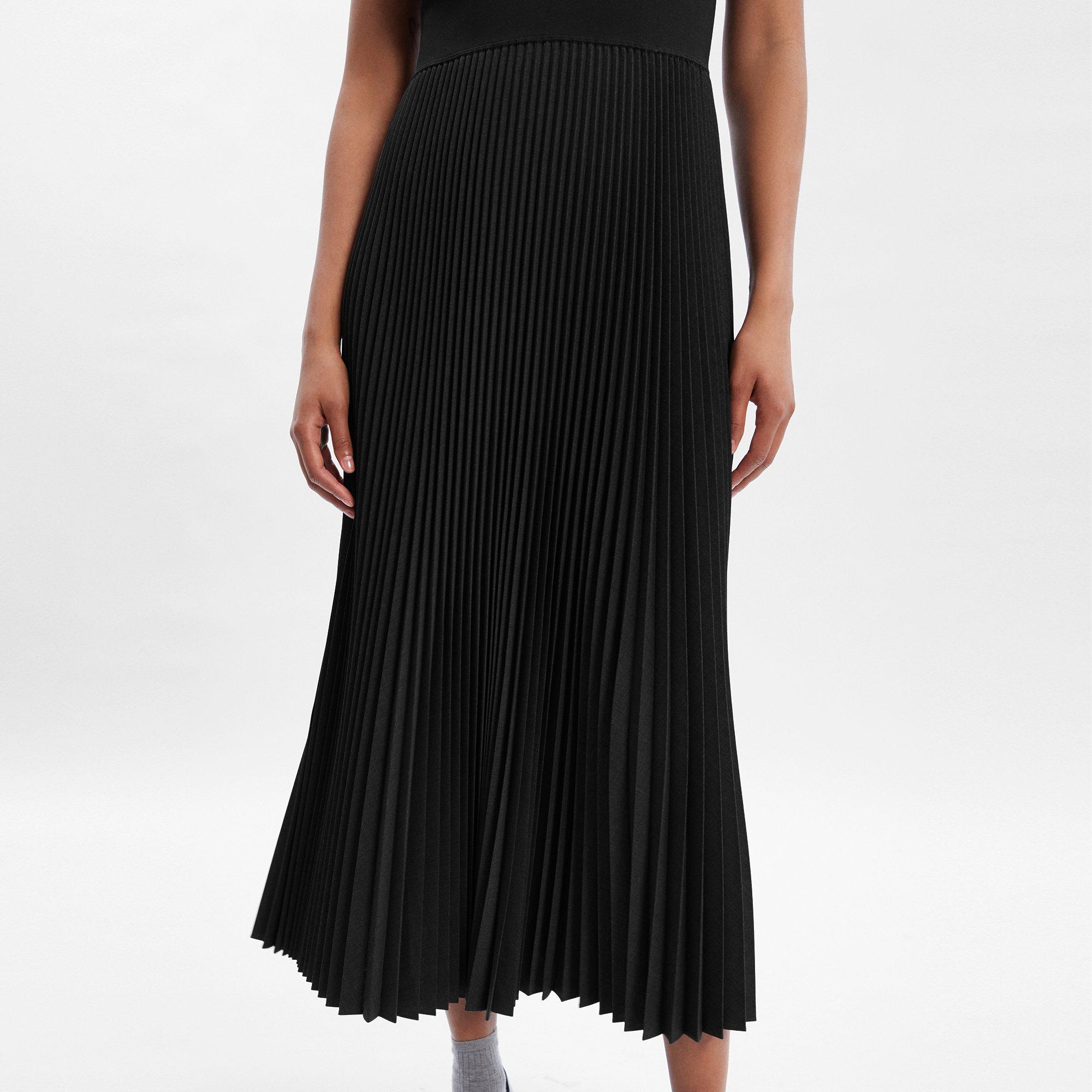 Pleated Combo Dress in Stretch Wool-Blend